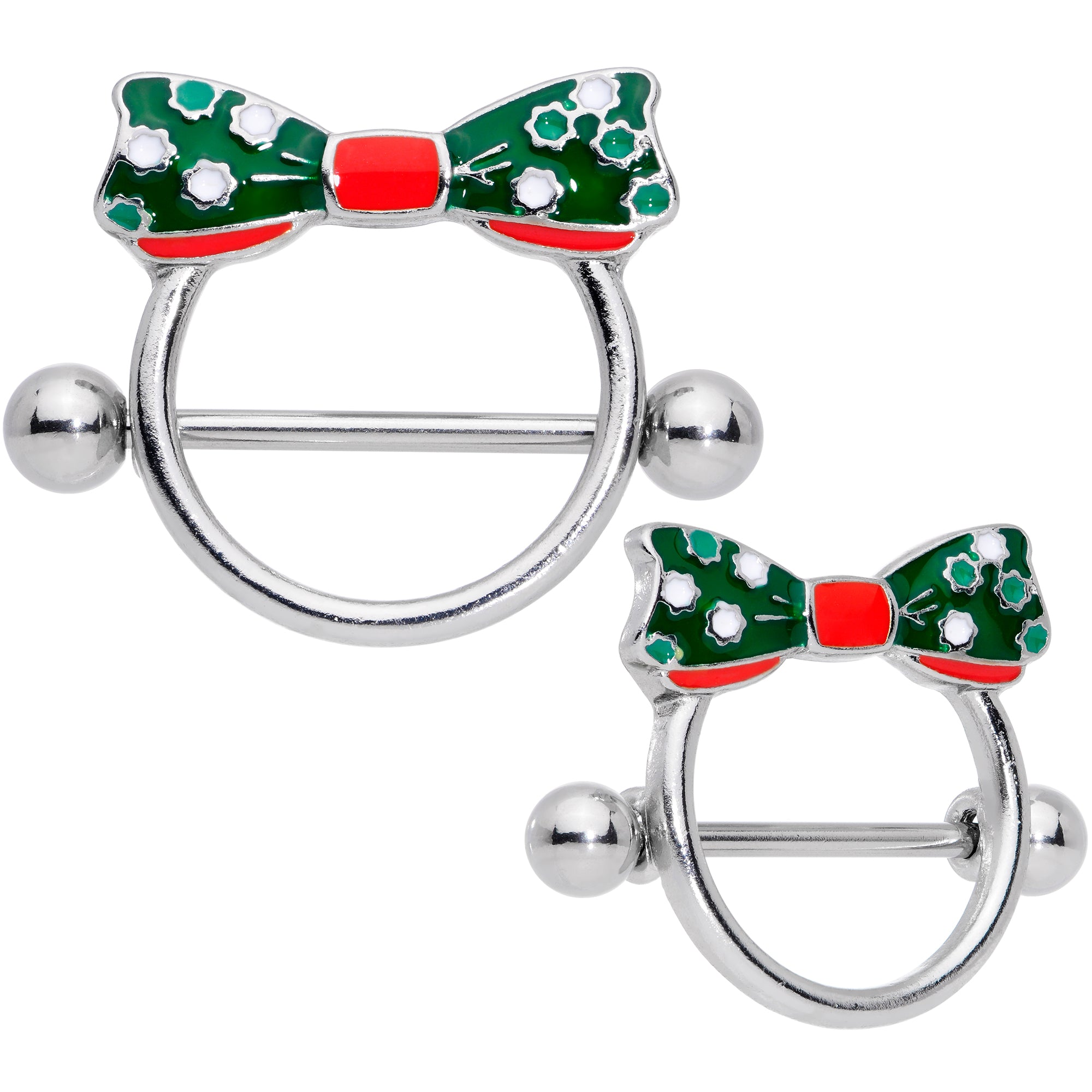 14G 11/16 Green Red Polka Dot Bow Christmas Nipple Shield Set