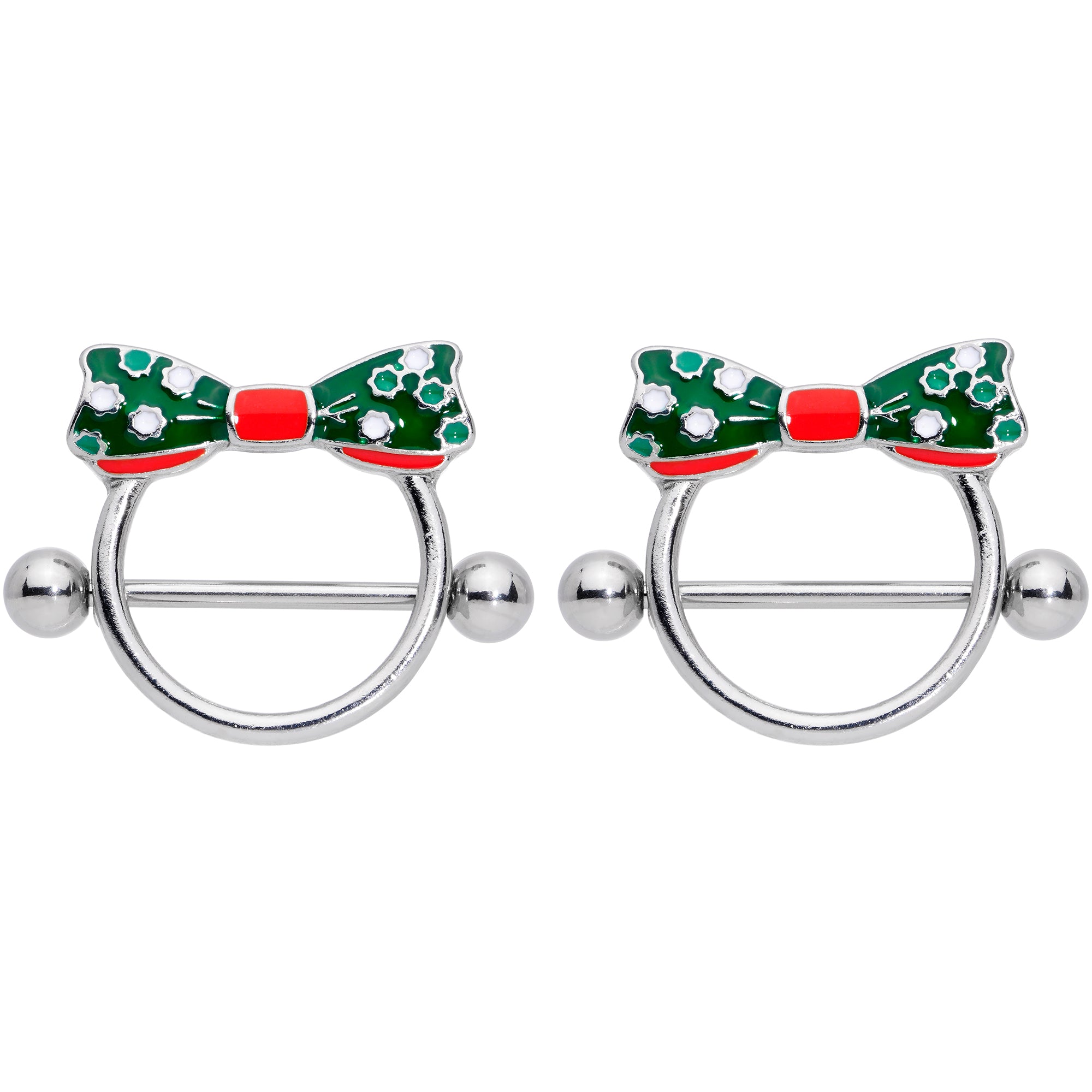 14G 11/16 Green Red Polka Dot Bow Christmas Nipple Shield Set