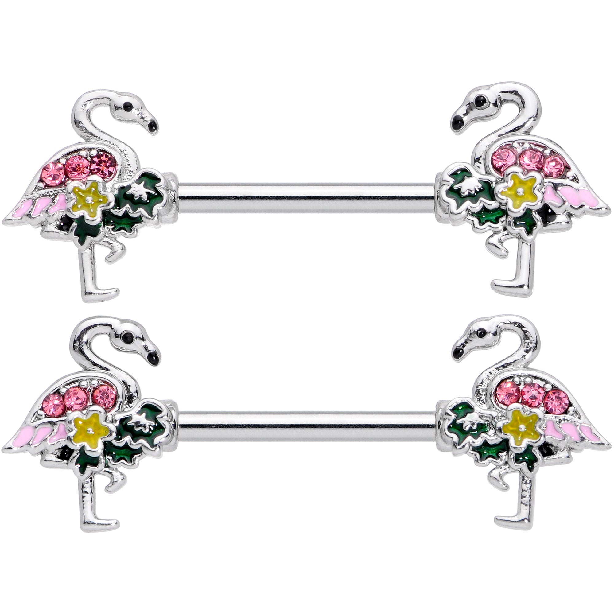 14G 9/16 Pink Gem Funky Flamingo Barbell Nipple Ring Set