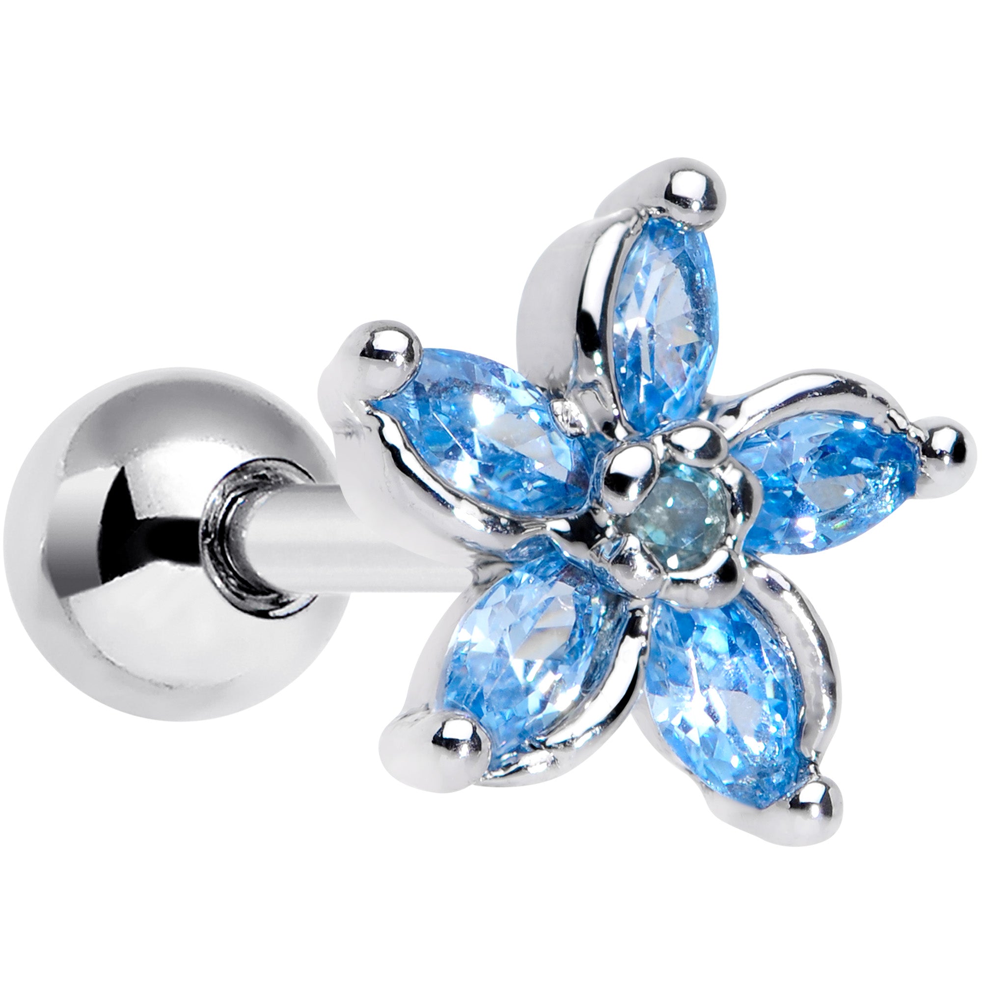 16G 1/4 Aqua Gem Pretty Petals Flower Cartilage Tragus Earring