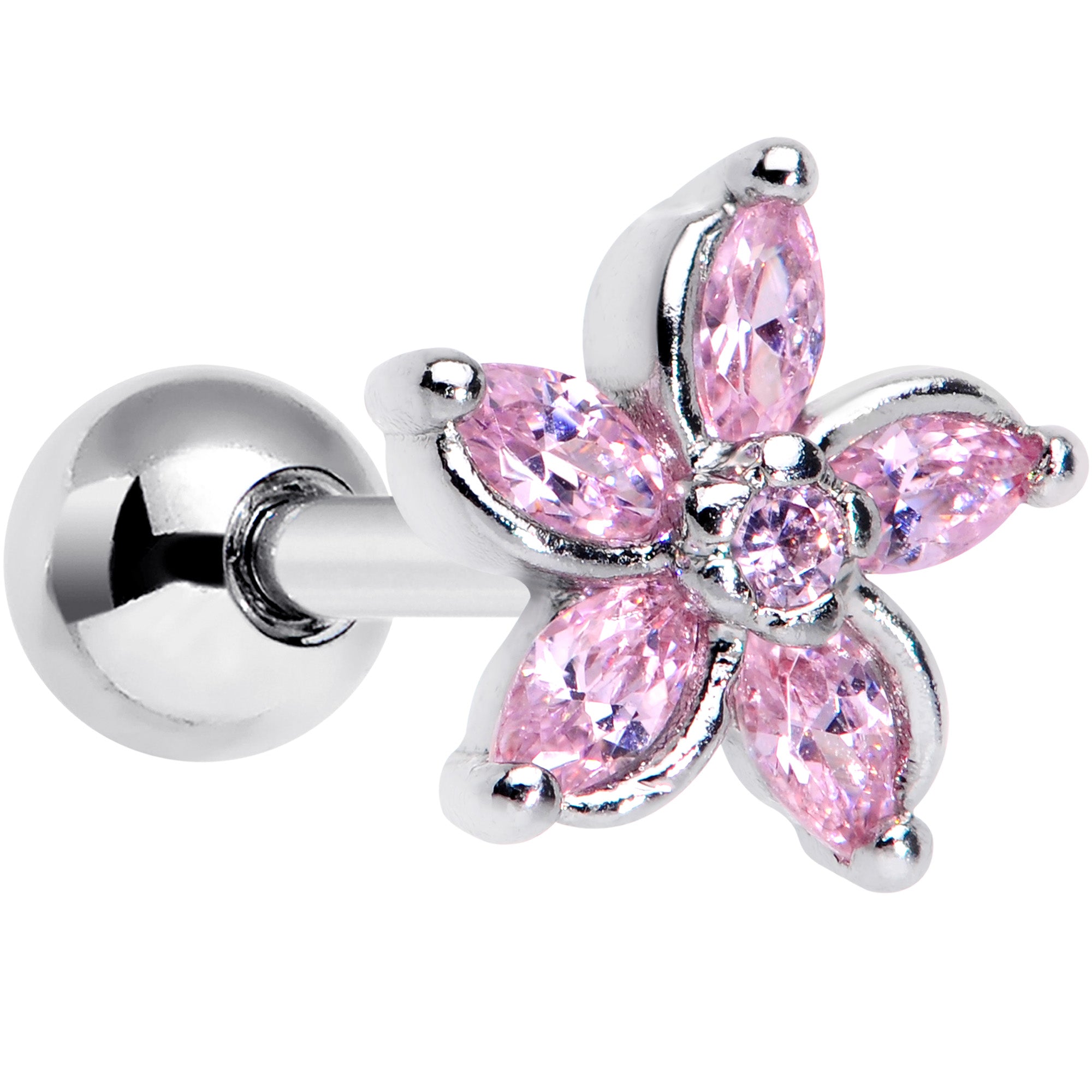 16G 1/4 Pink Gem Pretty Petals Flower Cartilage Tragus Earring