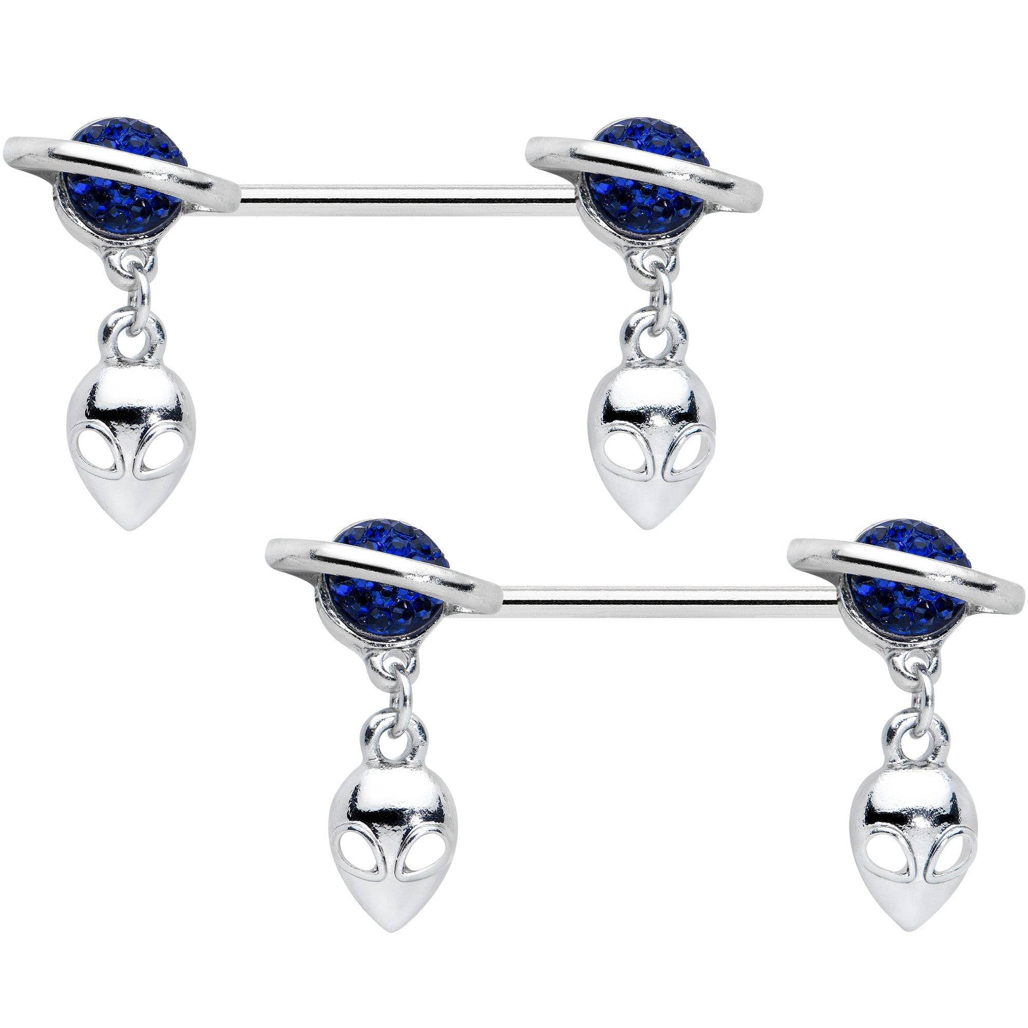 14G 9/16 Alien Dangle Blue Saturn Barbell Nipple Ring Set