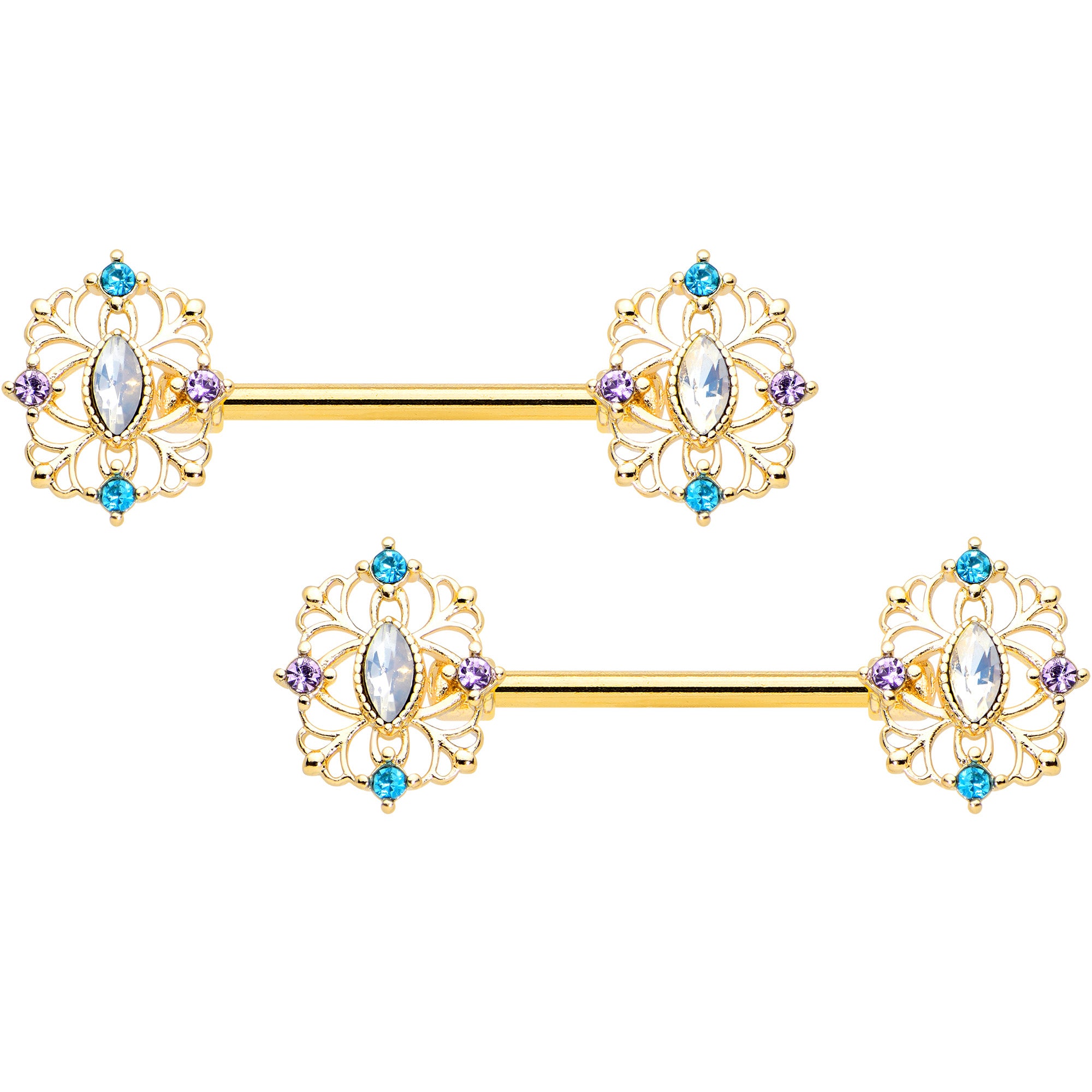 14G 9/16 White Synth Opal Gold Tone Web Barbell Nipple Ring Set
