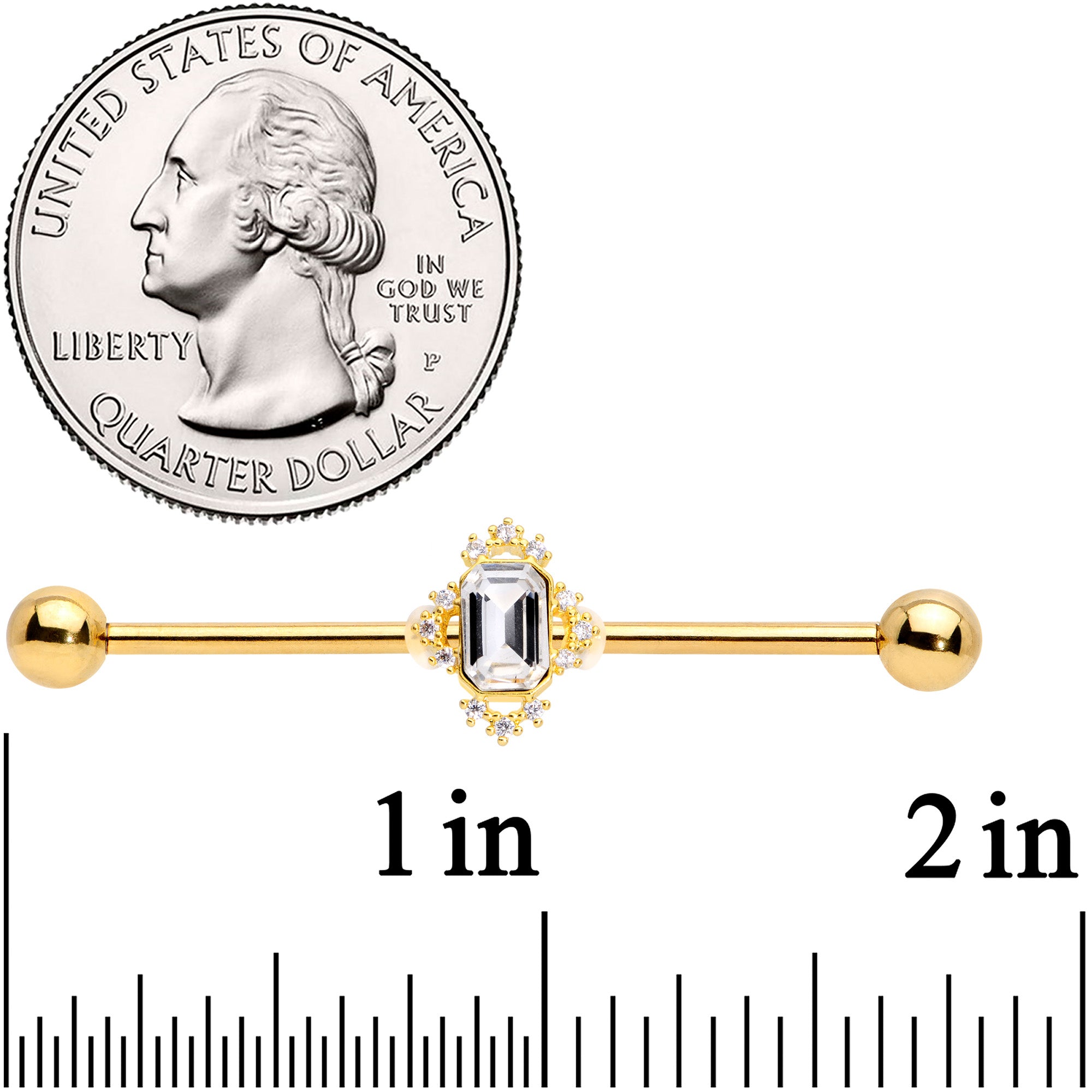 14G Clear Gem Gold Tone Regal Rectangle Industrial Barbell 38mm