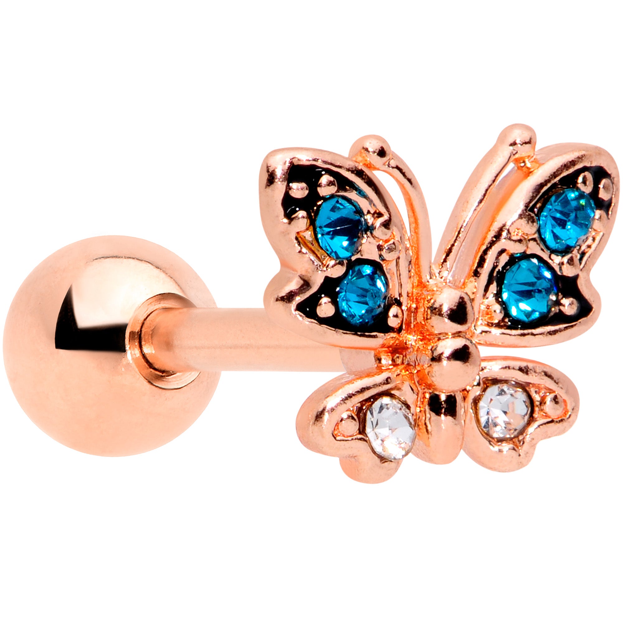 16G 1/4 Aqua Gem Rose Gold Tone Glam Butterfly Cartilage Tragus