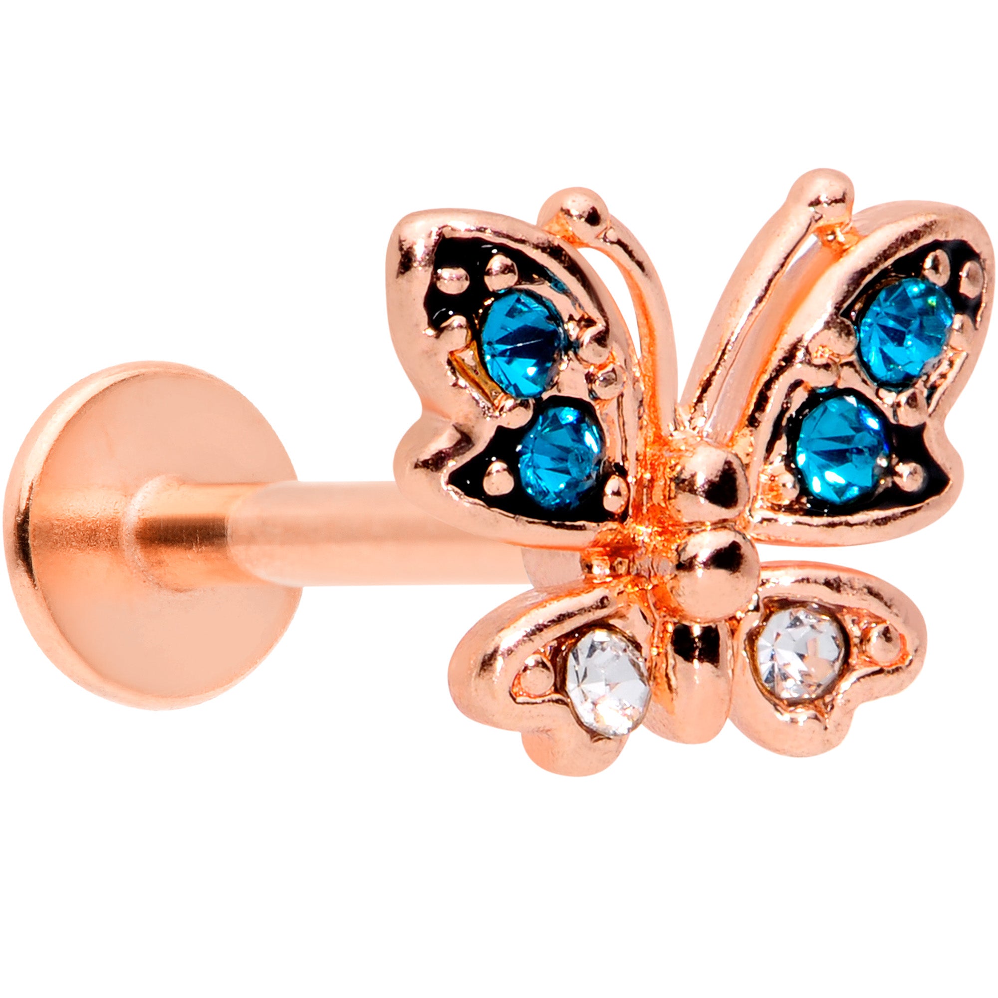 16G 5/16 Clear CZ Gem Rose Gold Tone Butterfly Labret Tragus