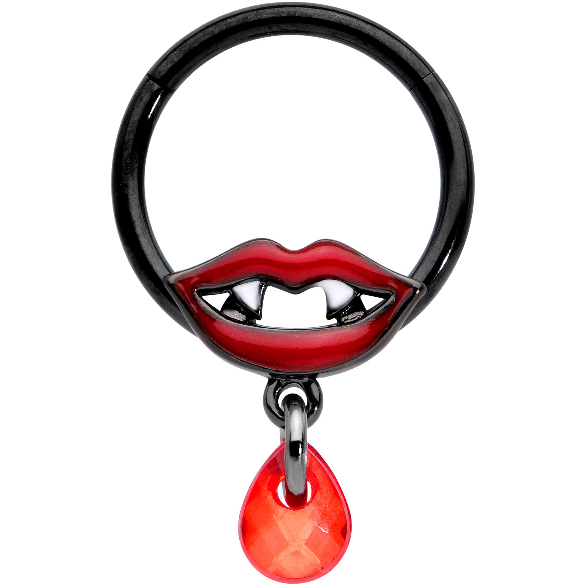 16G 3/8 Red Gem Black Vampire Fang Halloween Hinged Segment Ring