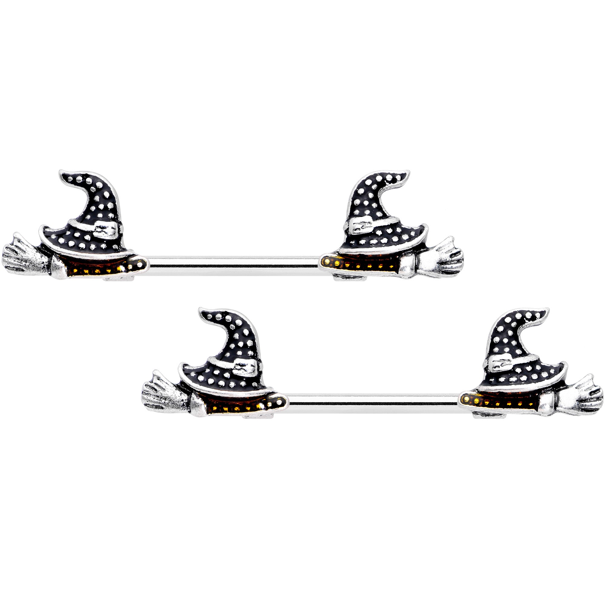 14G 9/16 Yellow Gem Witch Hat Broom Halloween Nipple Ring Set