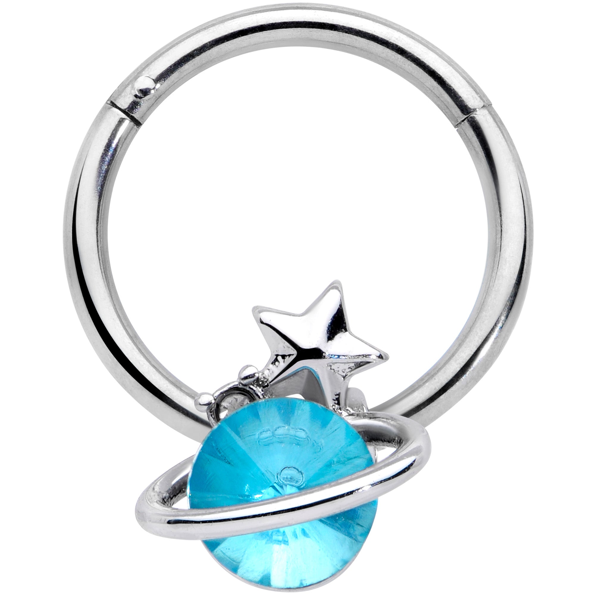 16G 3/8 Aqua Gem Star Saturn Planet Hinged Segment Ring