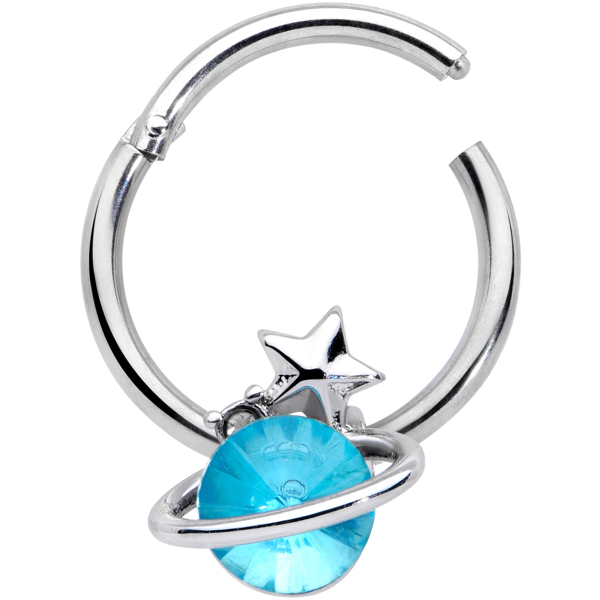 16G 3/8 Aqua Gem Star Saturn Planet Hinged Segment Ring