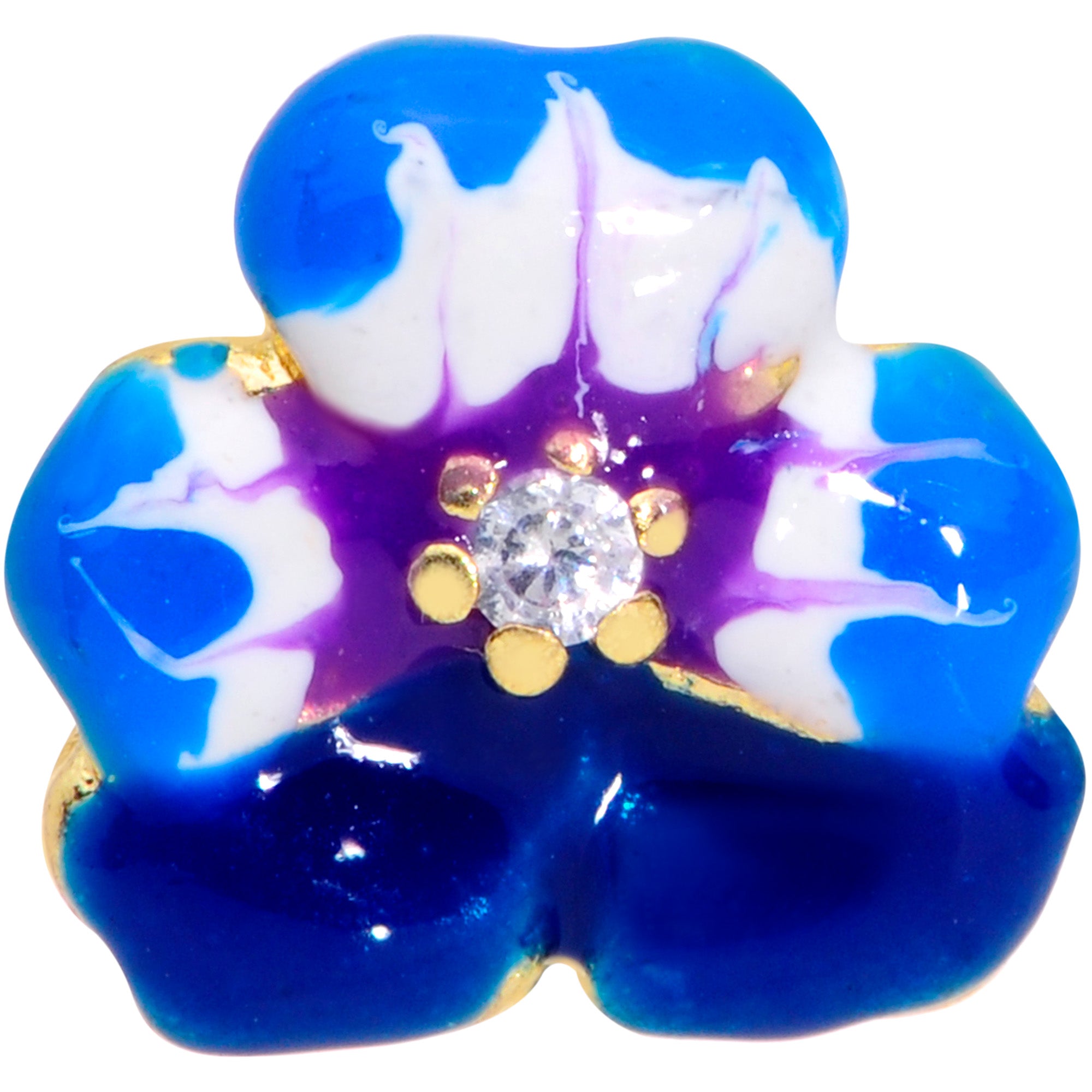 16G 1/4 Clear CZ Gem Gold Tone Blue Flower Cartilage Tragus