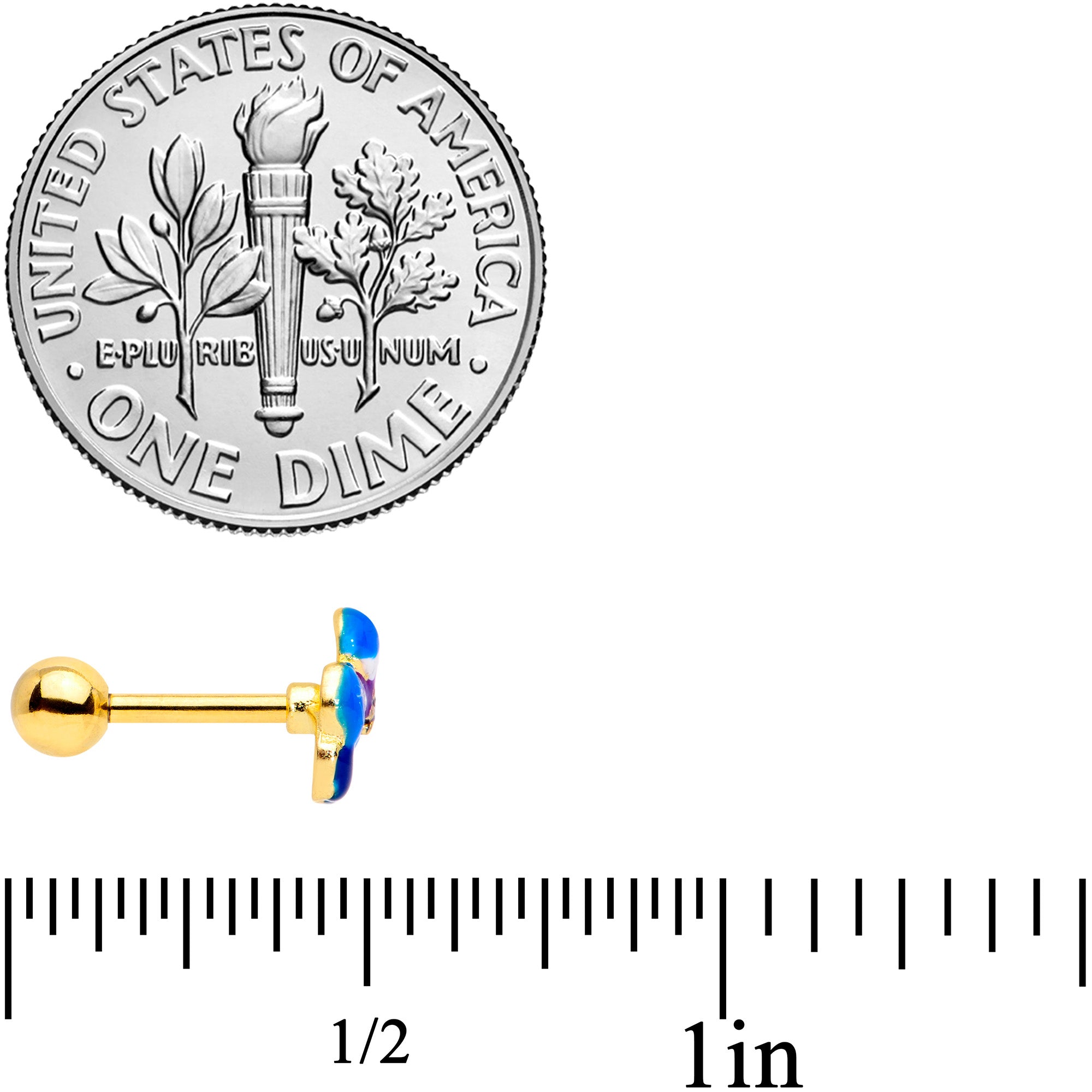 16G 1/4 Clear CZ Gem Gold Tone Blue Flower Cartilage Tragus