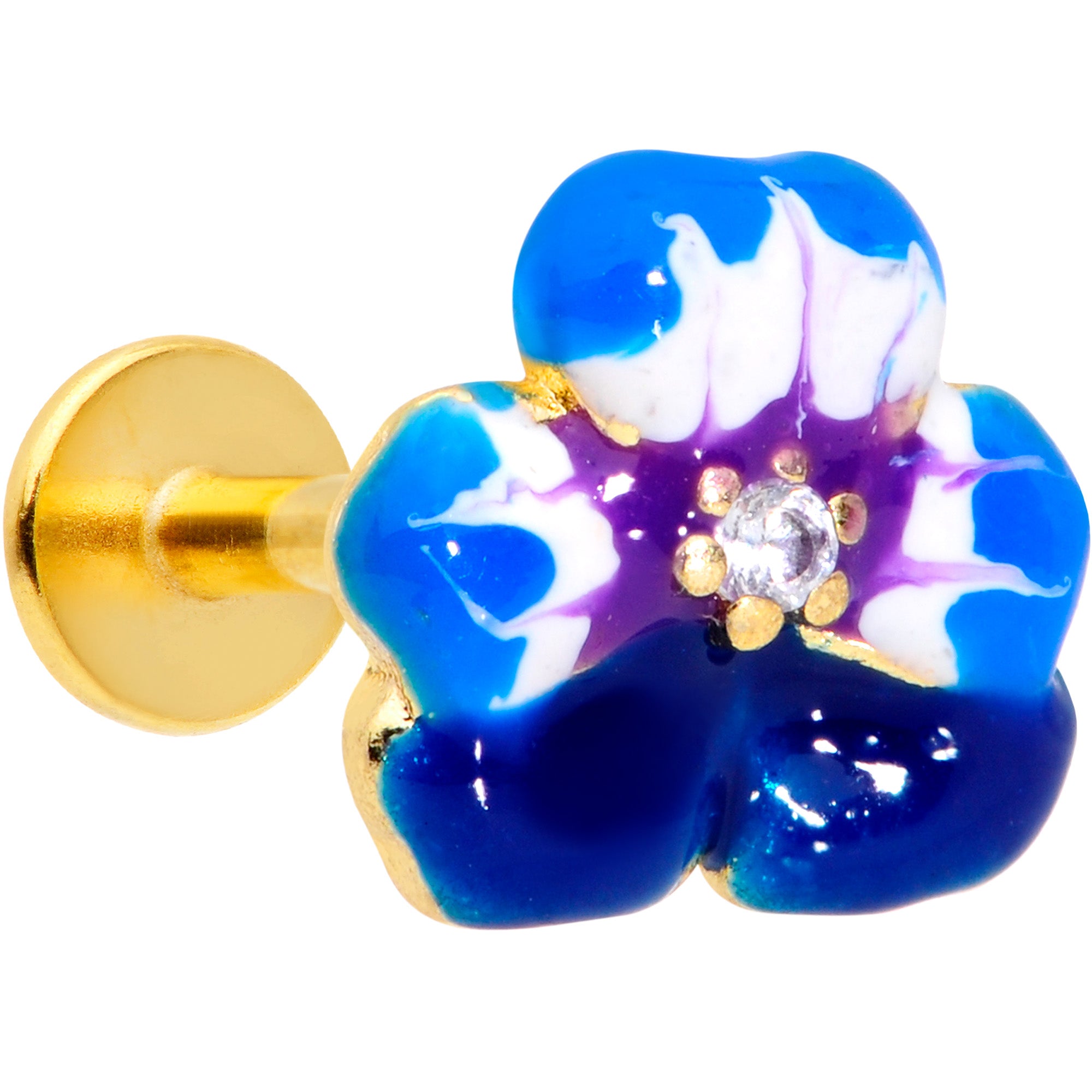 16G 5/16 Clear CZ Gem Gold Tone Blue Spring Flower Labret Monroe