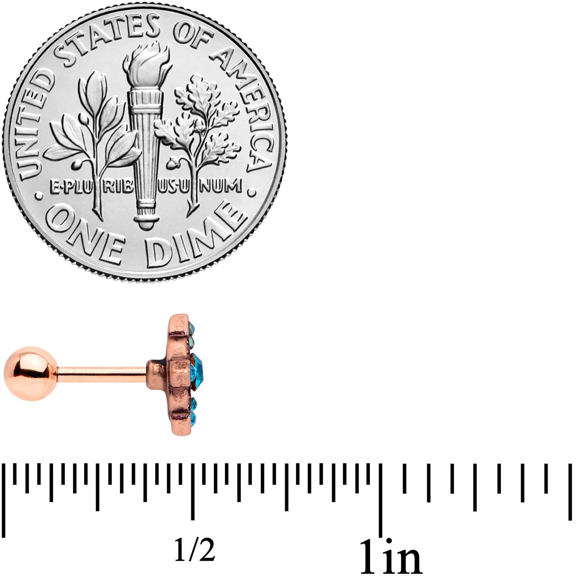 16G 1/4 Aqua Gem Rose Gold Tone Renaissance Cartilage Tragus