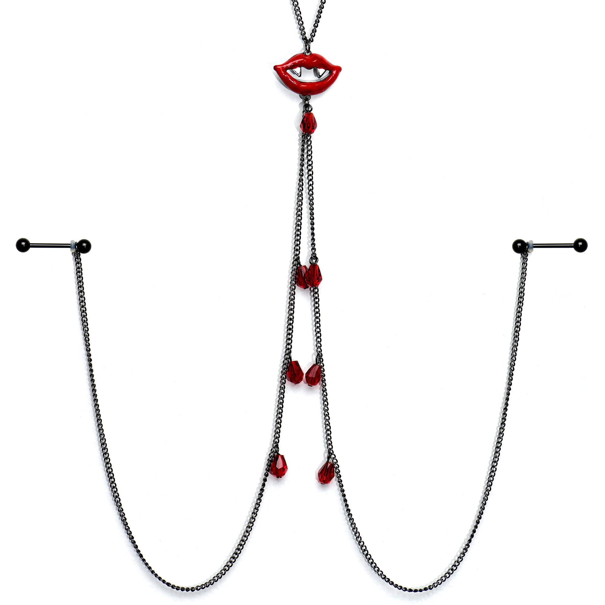 14G 9/16 Red Gem Vampire Lips Halloween Nipple Chain Necklace