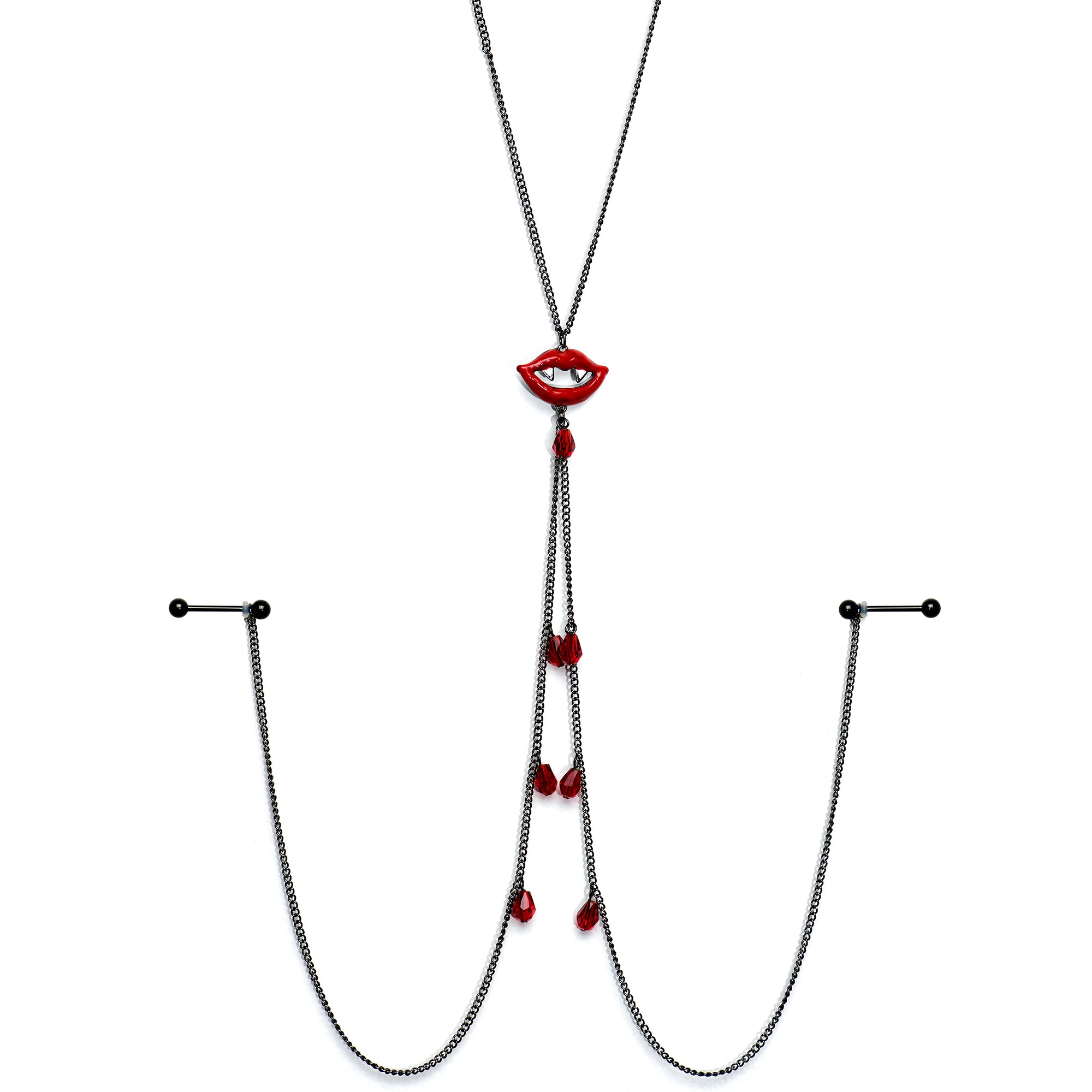 14G 9/16 Red Gem Vampire Lips Halloween Nipple Chain Necklace