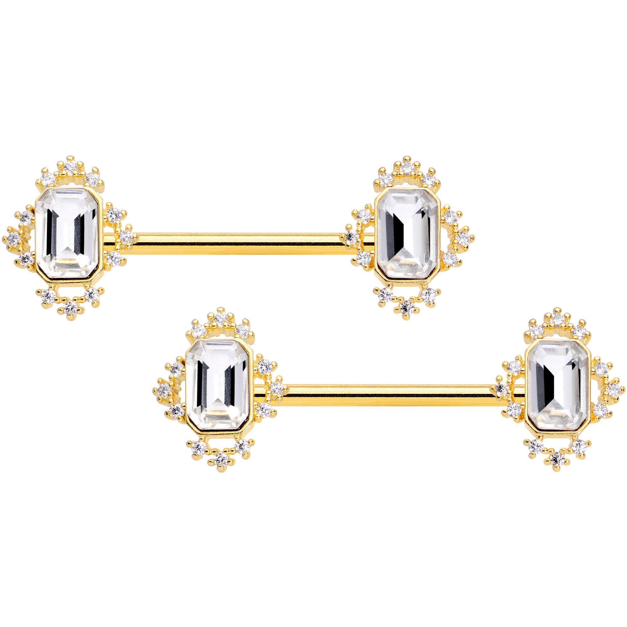 14G 9/16 Clear Gem Gold Tone Regal Rectangle Nipple Ring Set