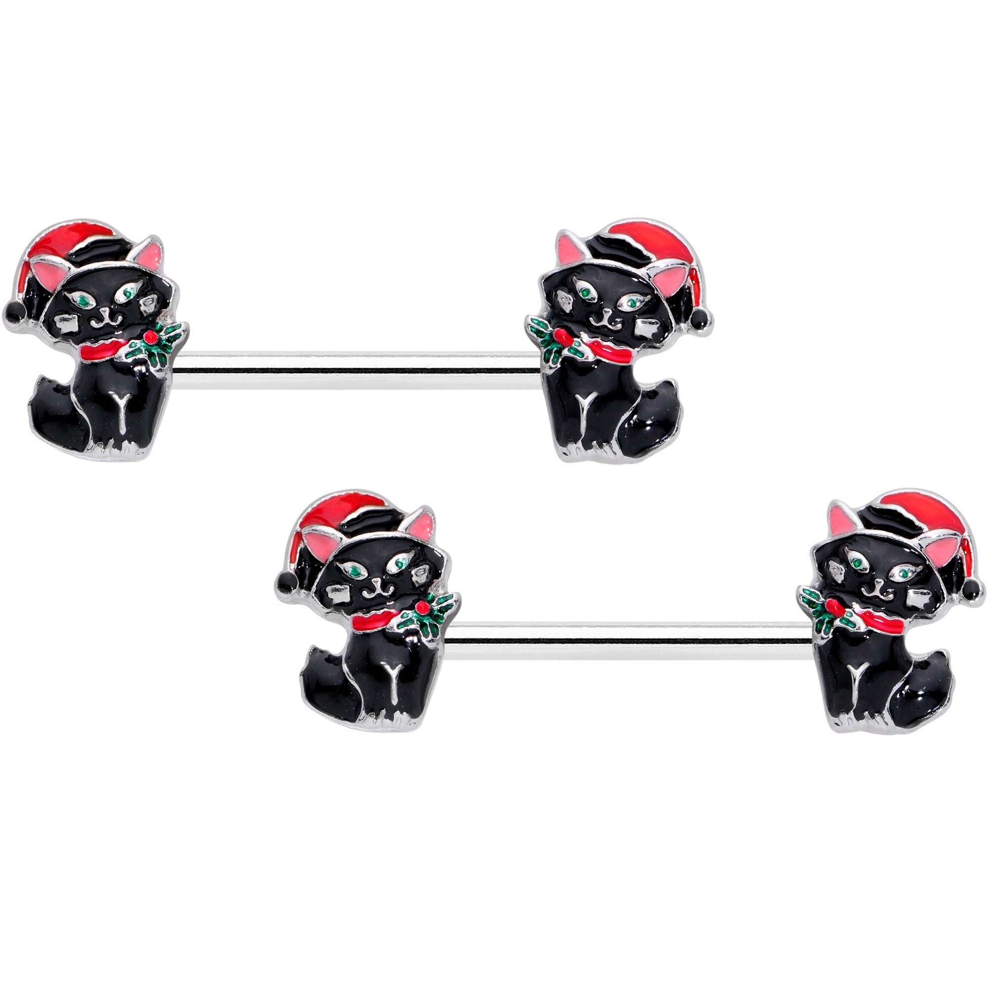 14G 9/16 Santa Claus Cat Christmas Barbell Nipple Ring Set