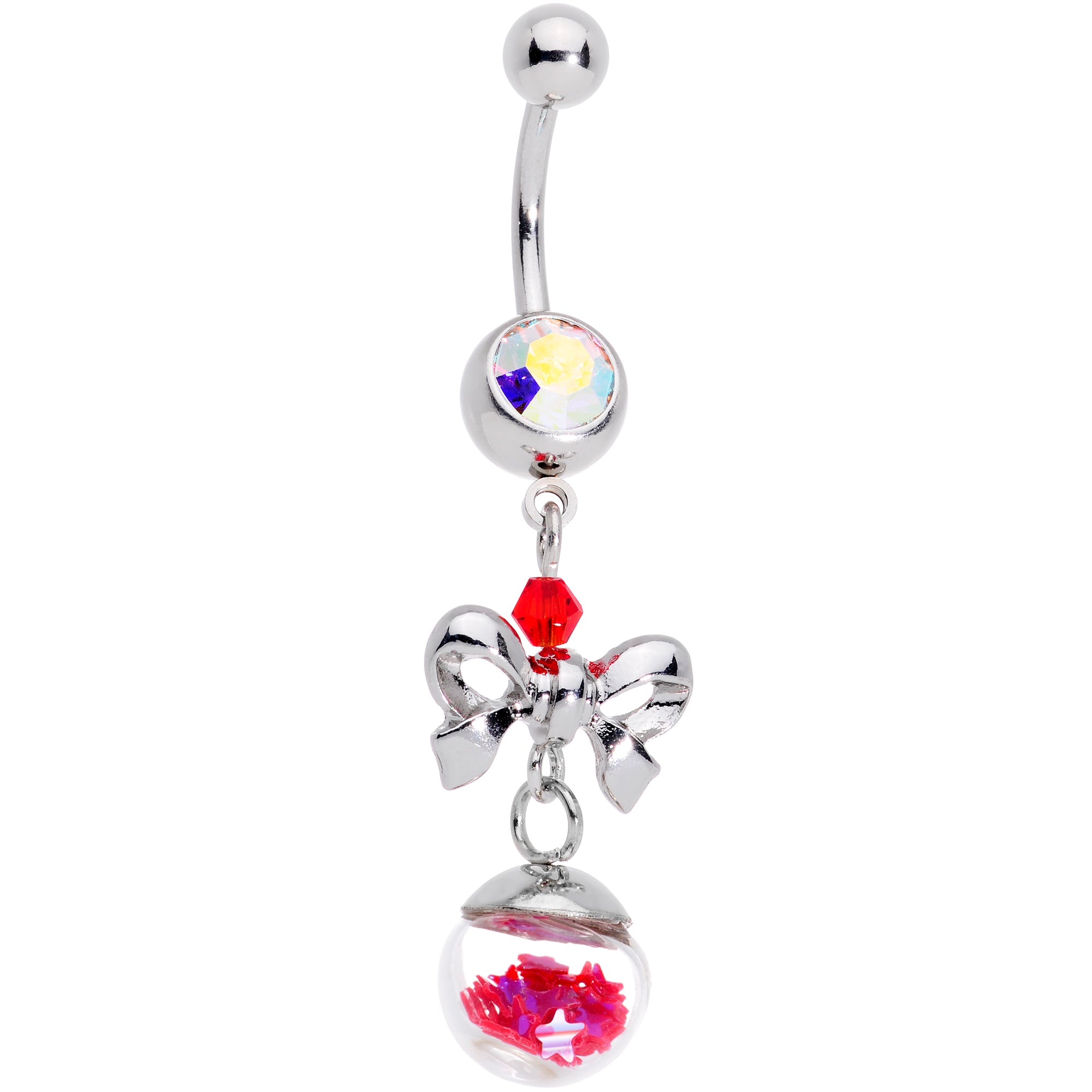 Aurora Red Gem Snow Globe Bow Christmas Dangle Belly Ring