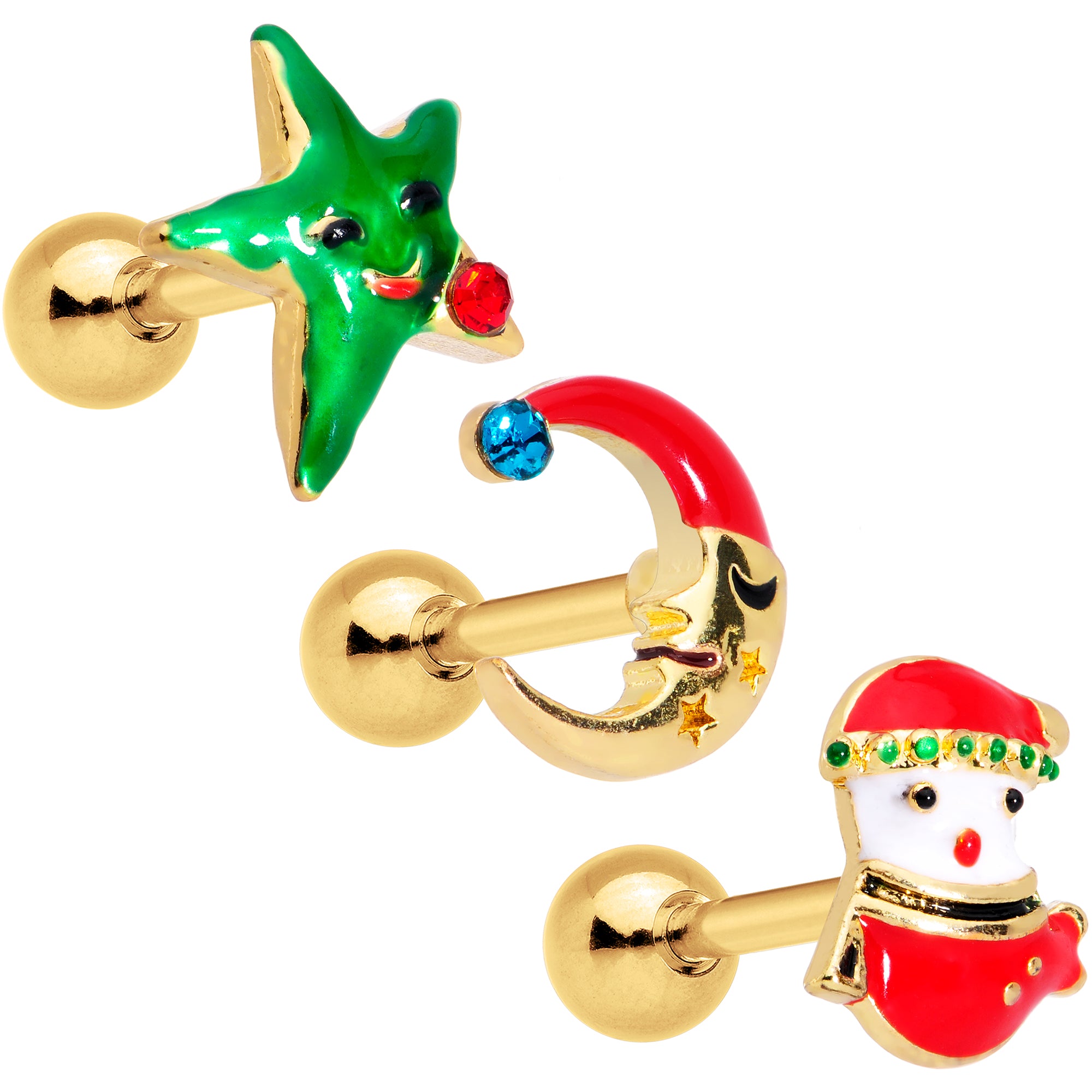 16G 1/4 Red Green Gem Merry Christmas Cartilage Tragus Set of 3