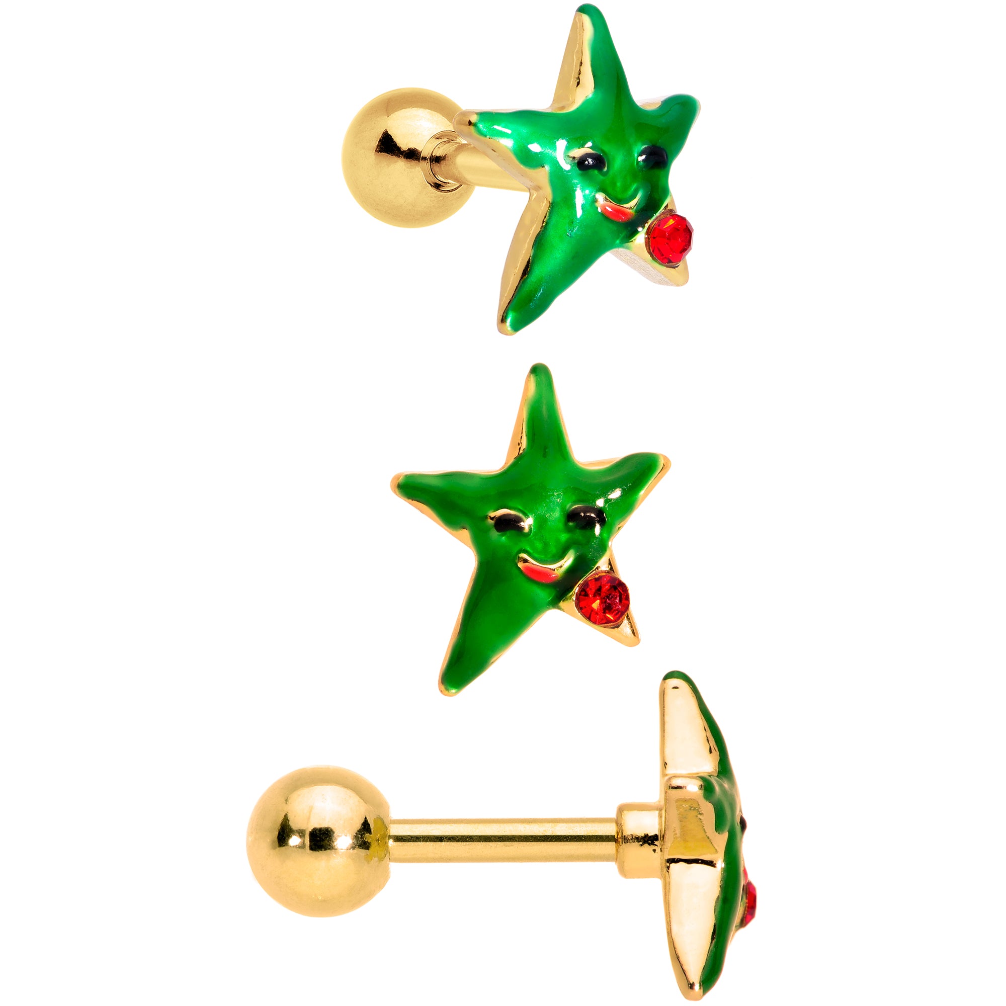 16G 1/4 Red Green Gem Merry Christmas Cartilage Tragus Set of 3