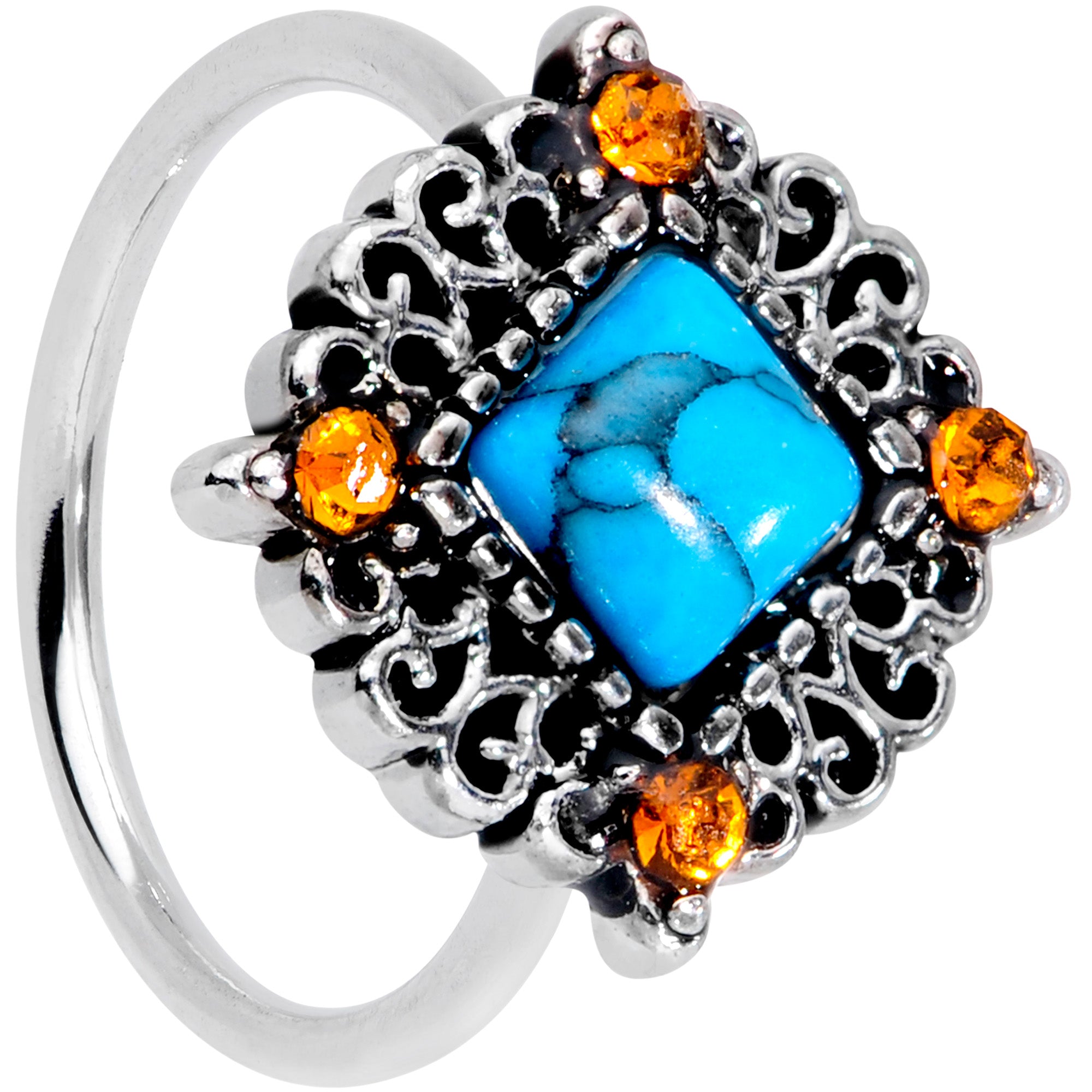 20G 5/16 Yellow Gem Blue Faux Turquoise Rhombus Nose Ring