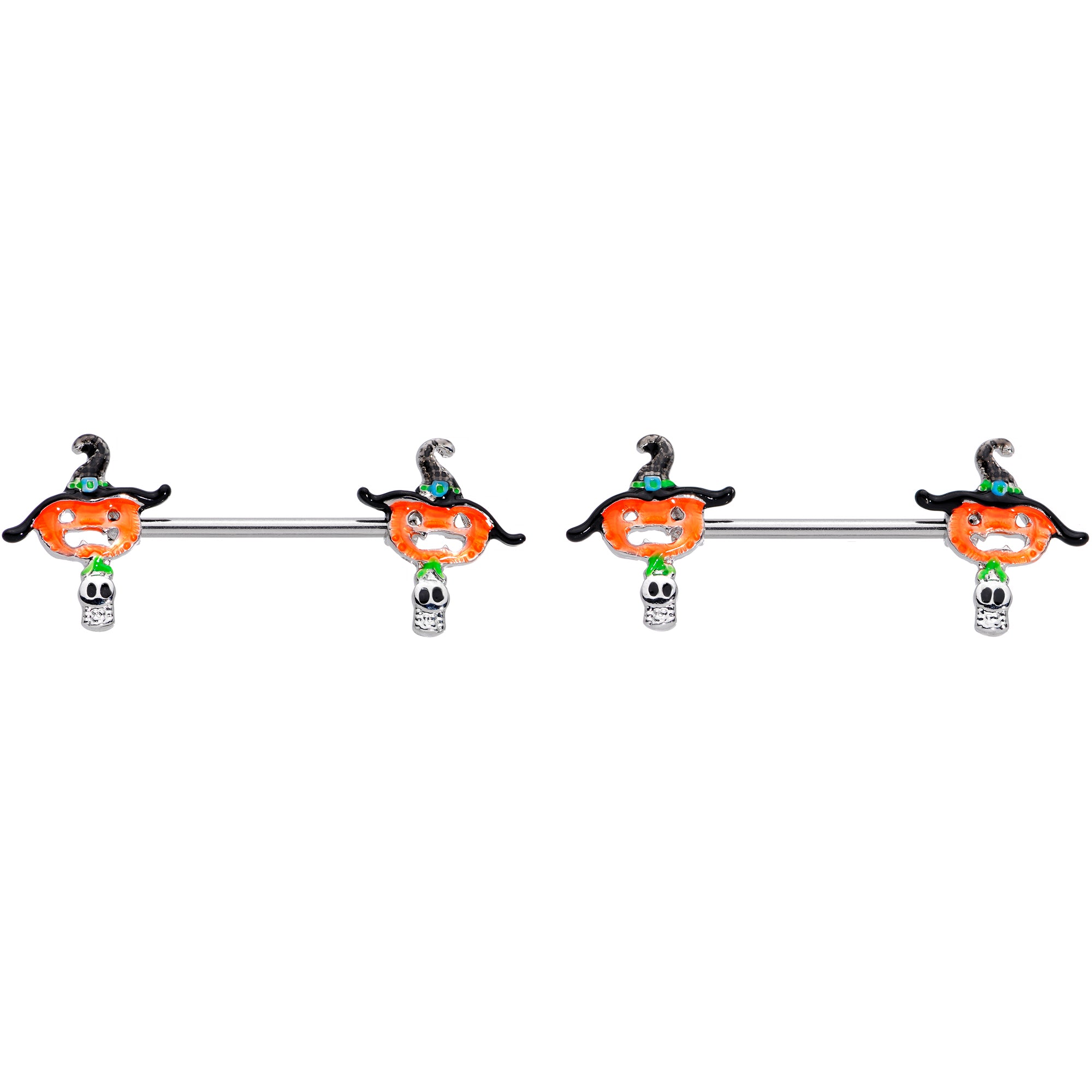 14G 9/16 Pumpkin Witch Ghost Halloween Barbell Nipple Ring Set