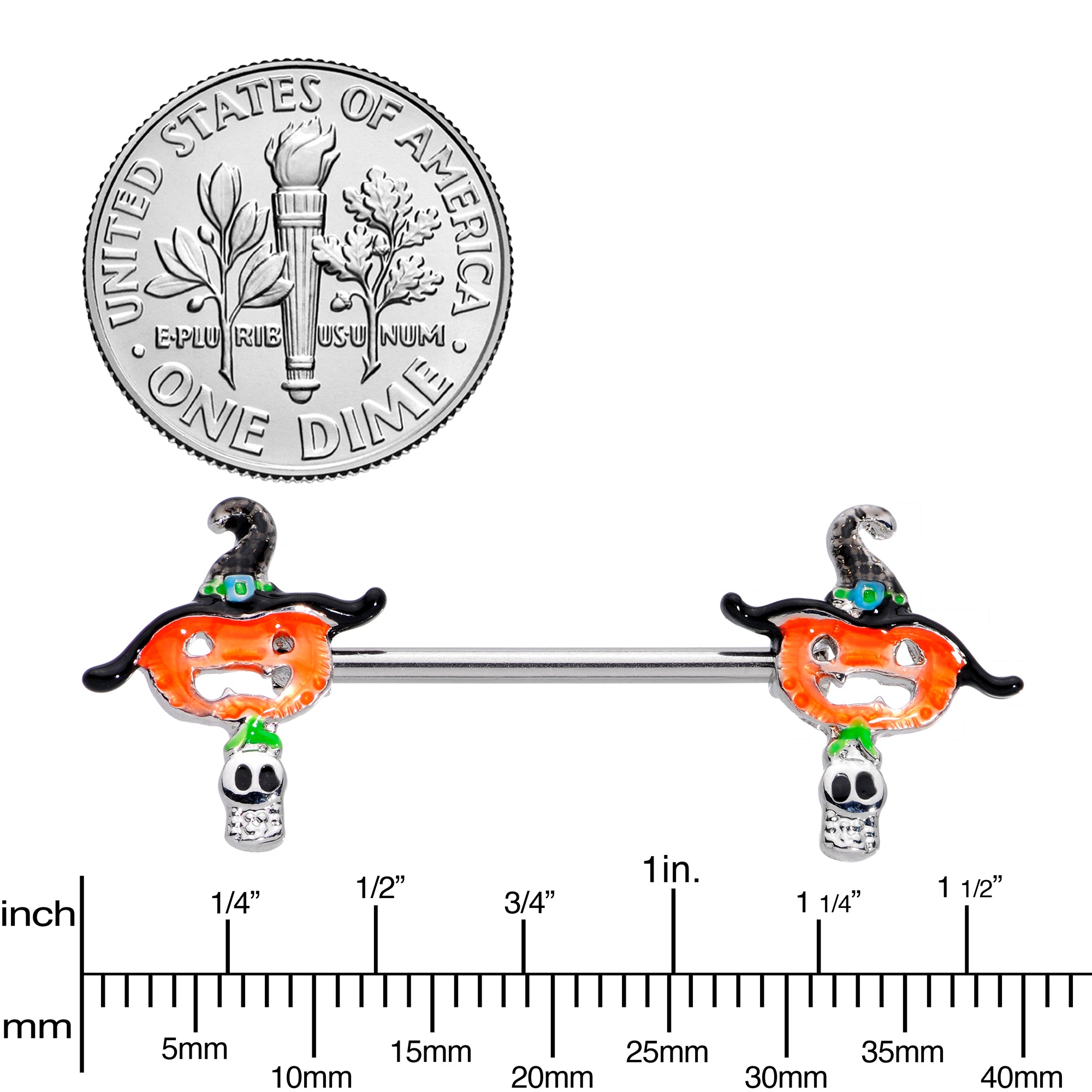 14G 9/16 Pumpkin Witch Ghost Halloween Barbell Nipple Ring Set