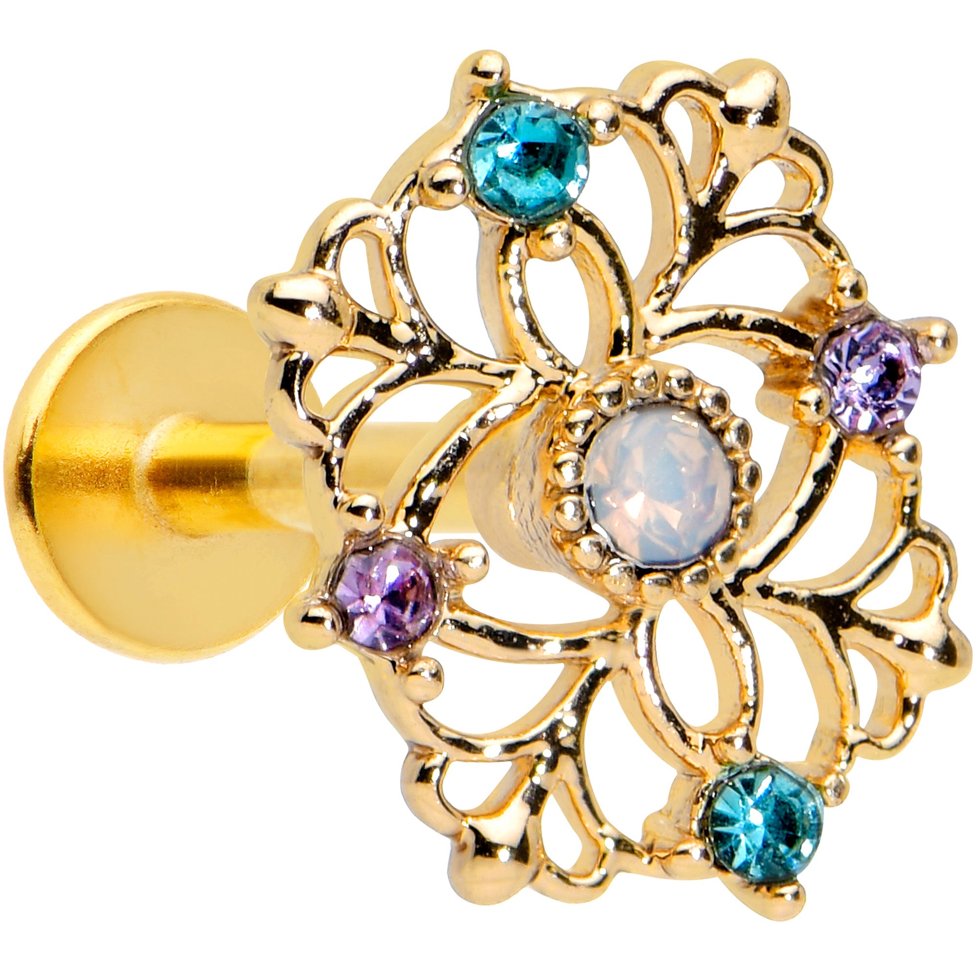 16G 5/16 White Faux Opal Gold Hue Web Flower Labret Monroe Tragus