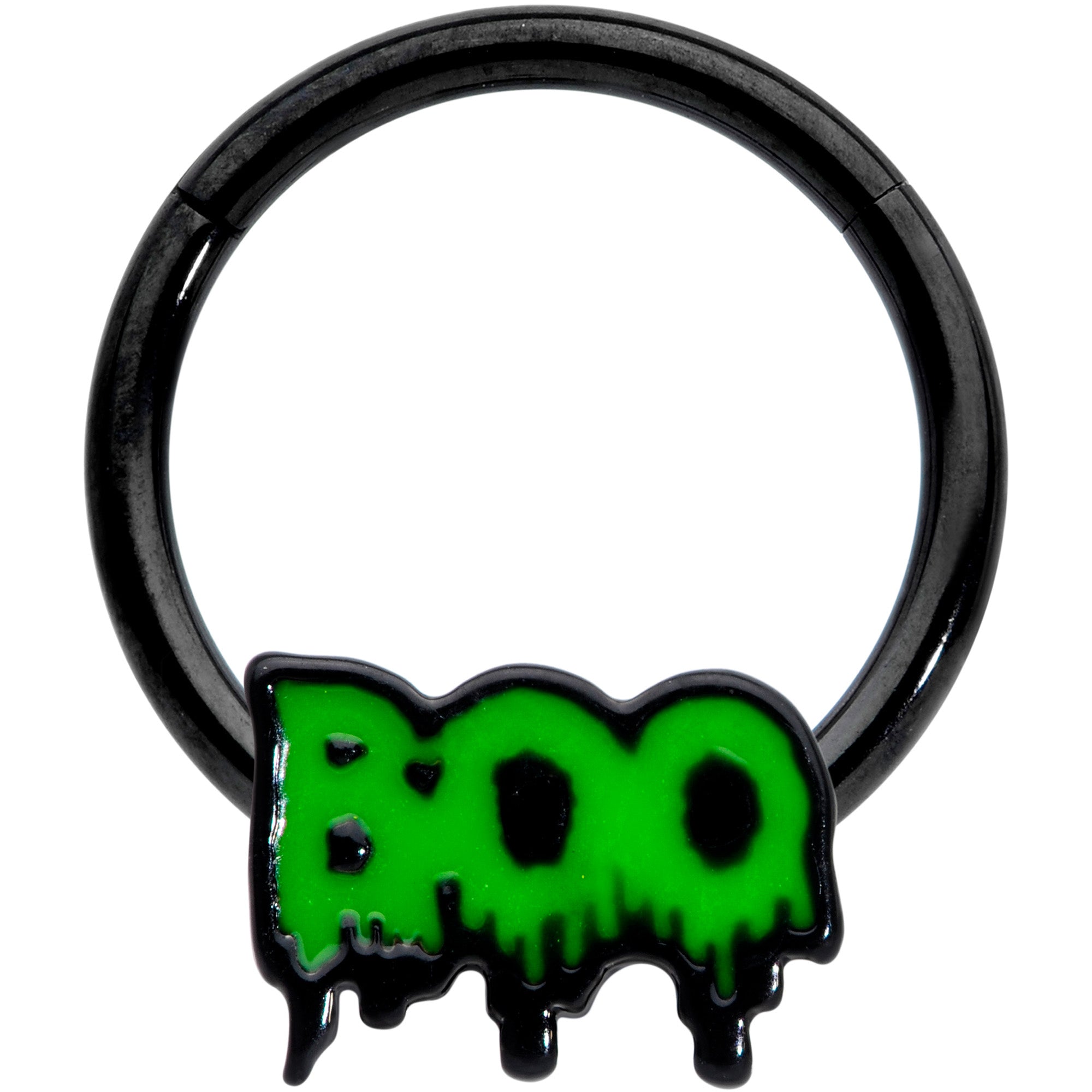 16G 3/8 Black Green Spooky Boo Halloween Hinged Segment Ring