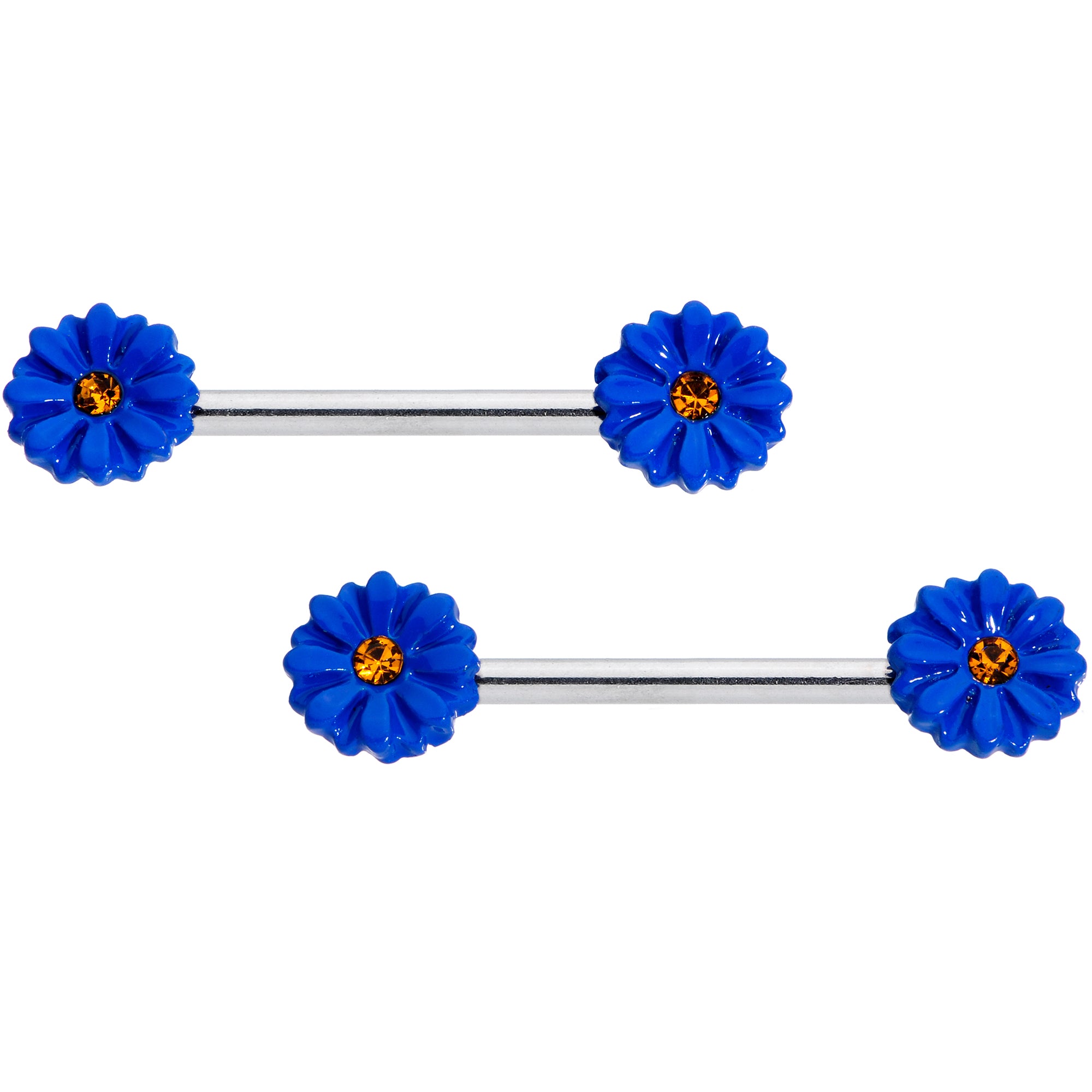 14G 9/16 Yellow Gem Blue Sunflower Barbell Nipple Ring Set