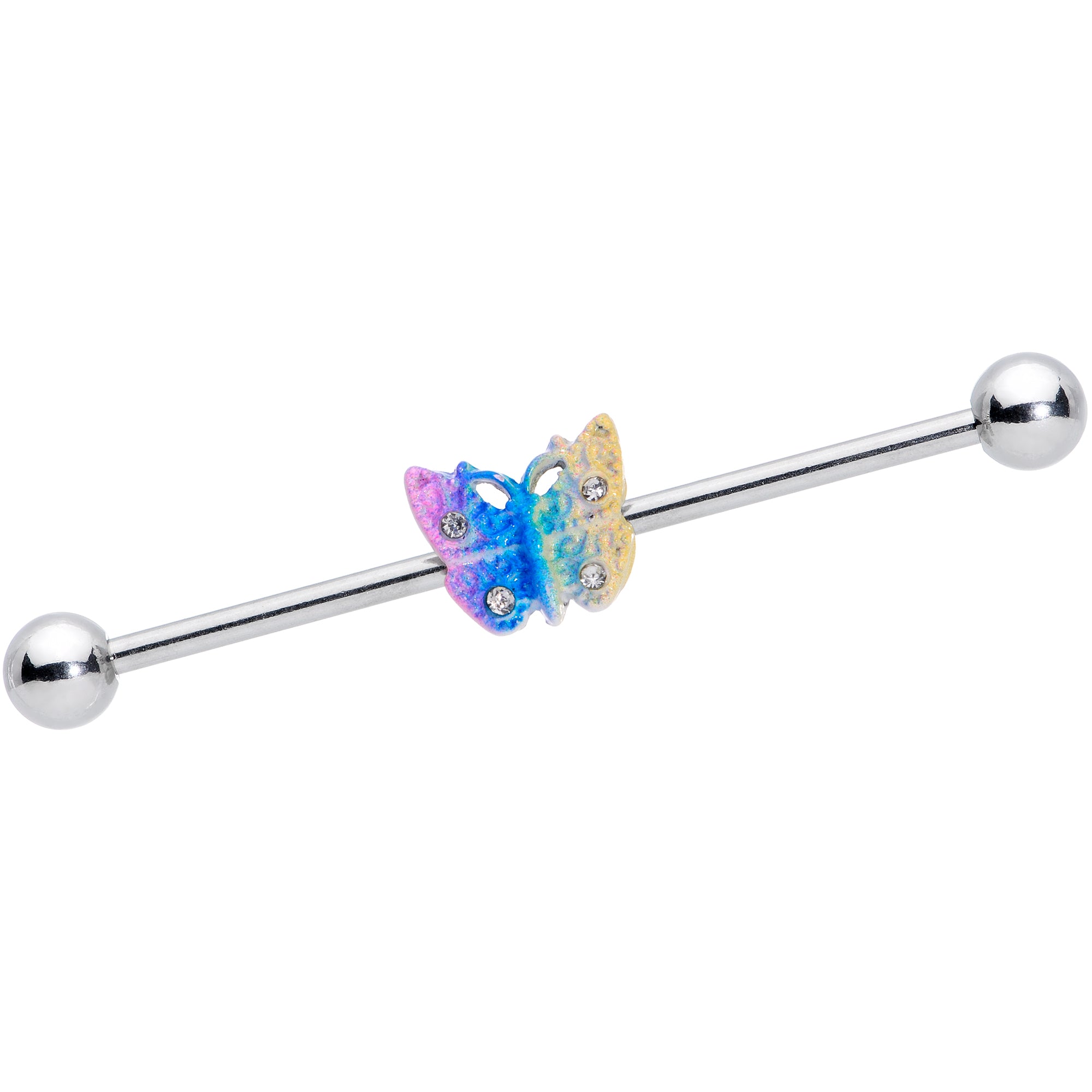 14G Clear Gem Baroque Rainbow Butterfly Industrial Barbell 38mm