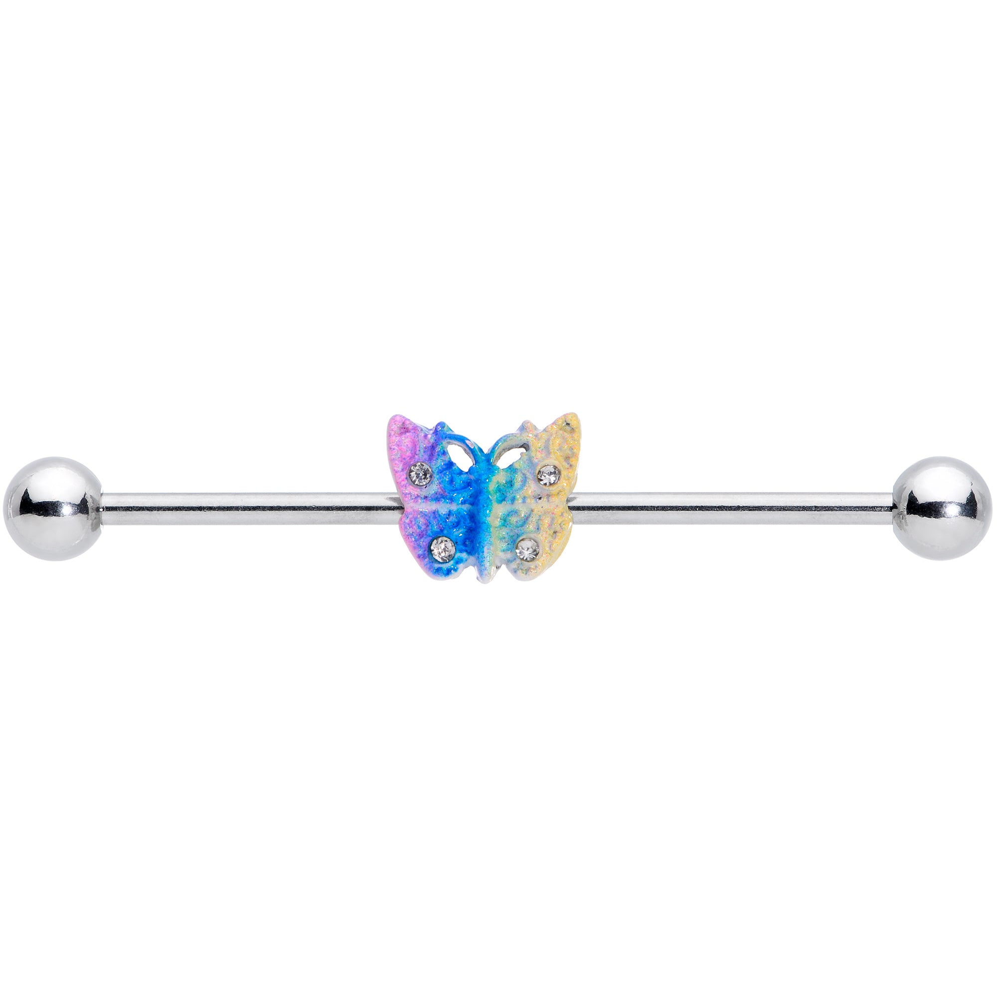 14G Clear Gem Baroque Rainbow Butterfly Industrial Barbell 38mm