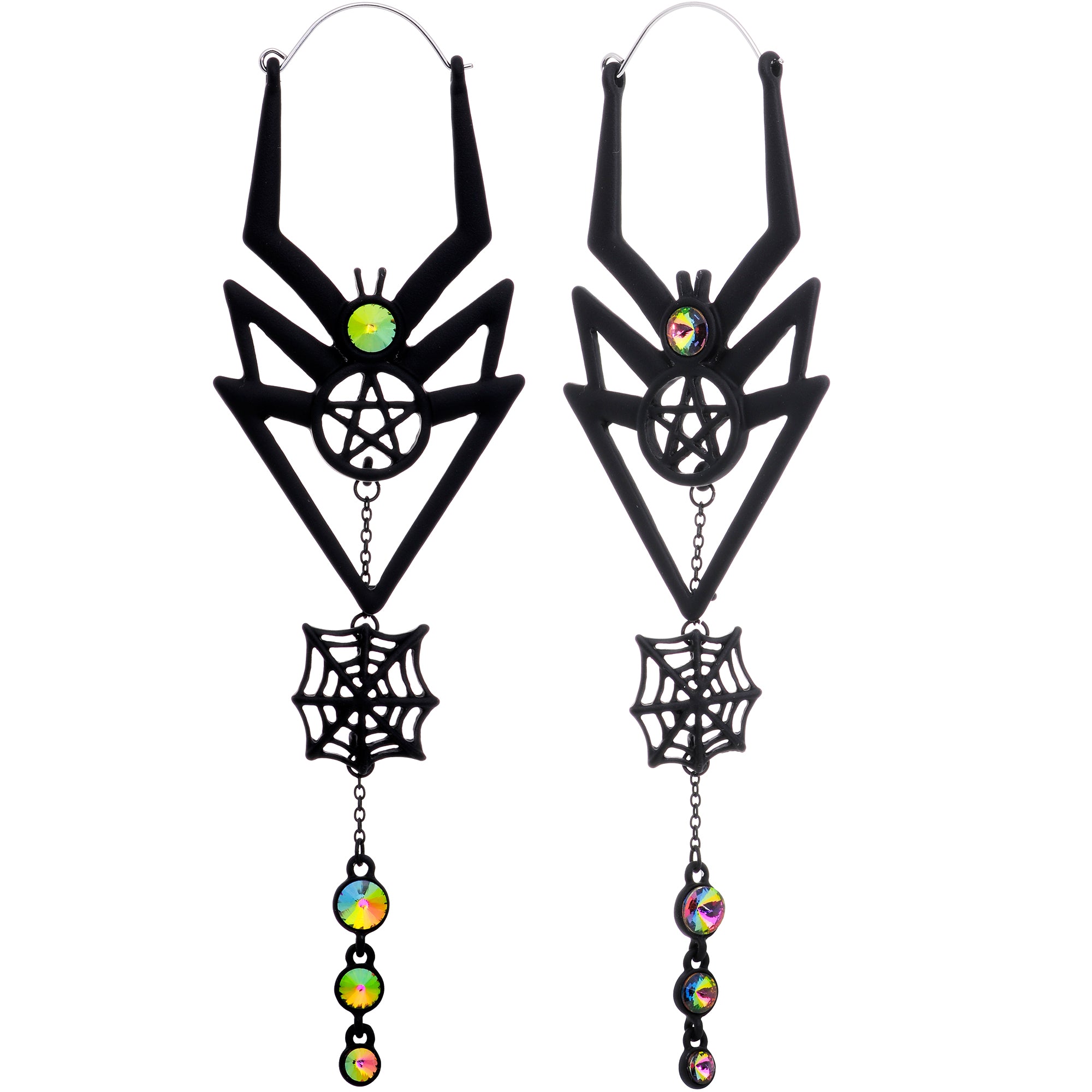 Vitrail Gem Black Spider Pentagram Dangle Tunnel Plug Earrings