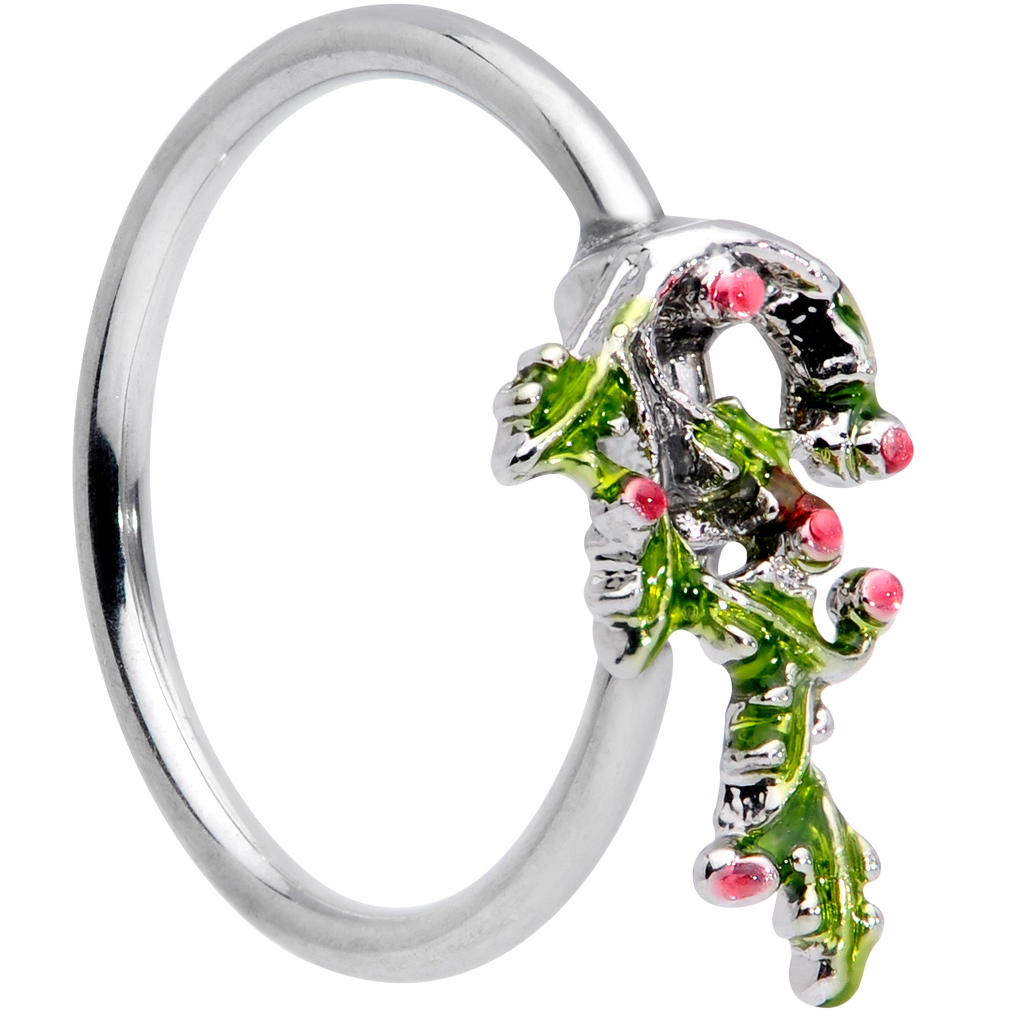 20G 5/16 Pink CZ Gem Candy Cane Holly Christmas Nose Hoop