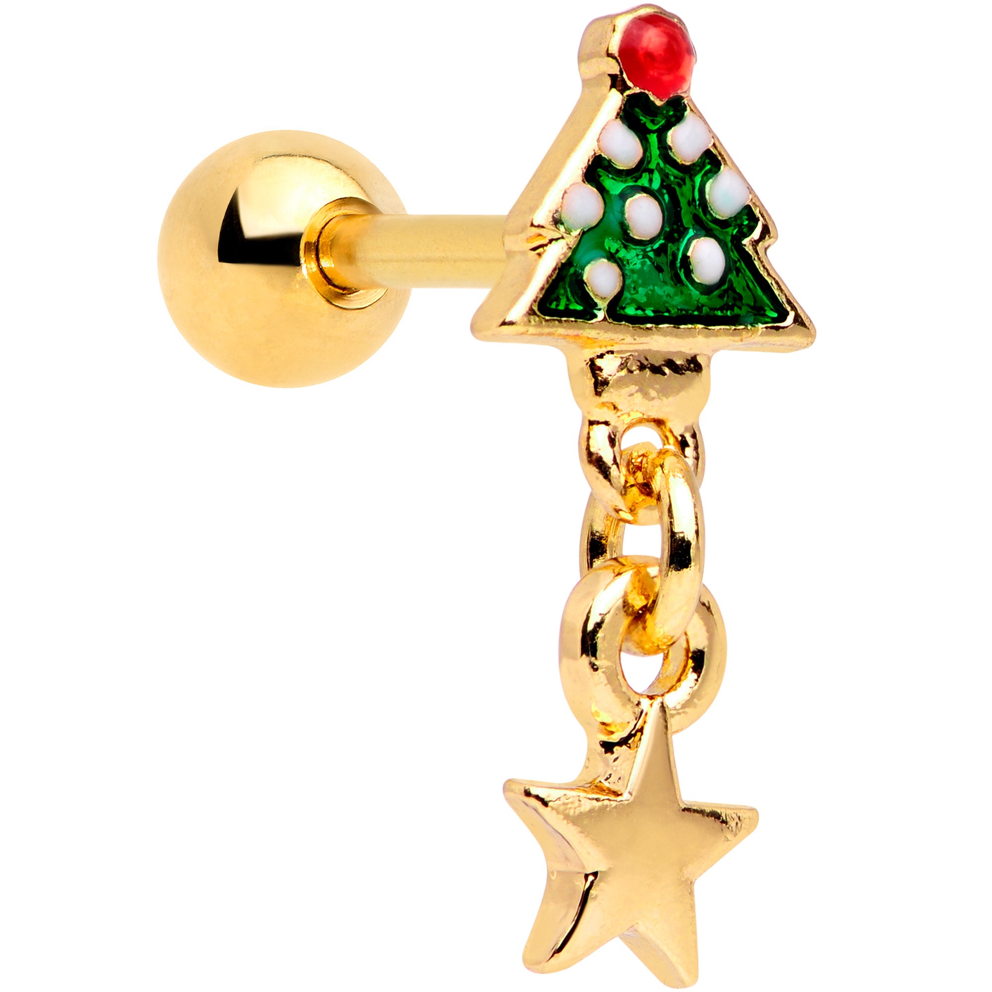 16G 1/4 Red Gem Gold Tone Tree Christmas Dangle Cartilage Tragus
