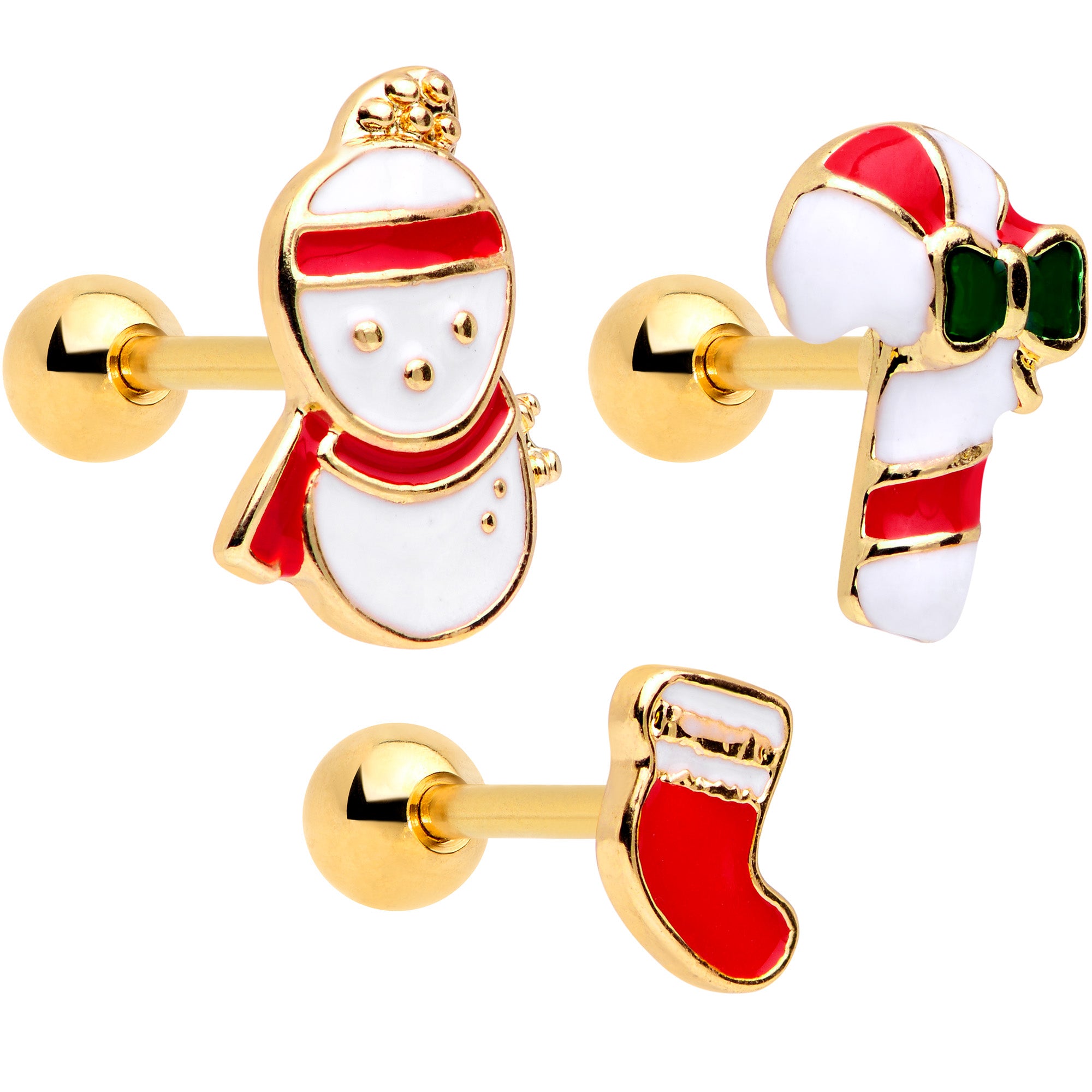 16G 1/4 Gold Tone Snowman Christmas Cartilage Tragus Set of 3