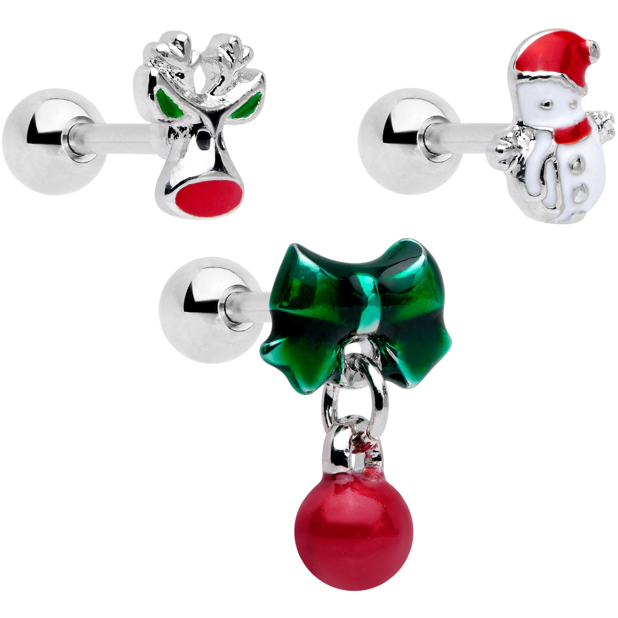 16G 1/4 Reindeer Snowman Christmas Dangle Cartilage Tragus Set of 3