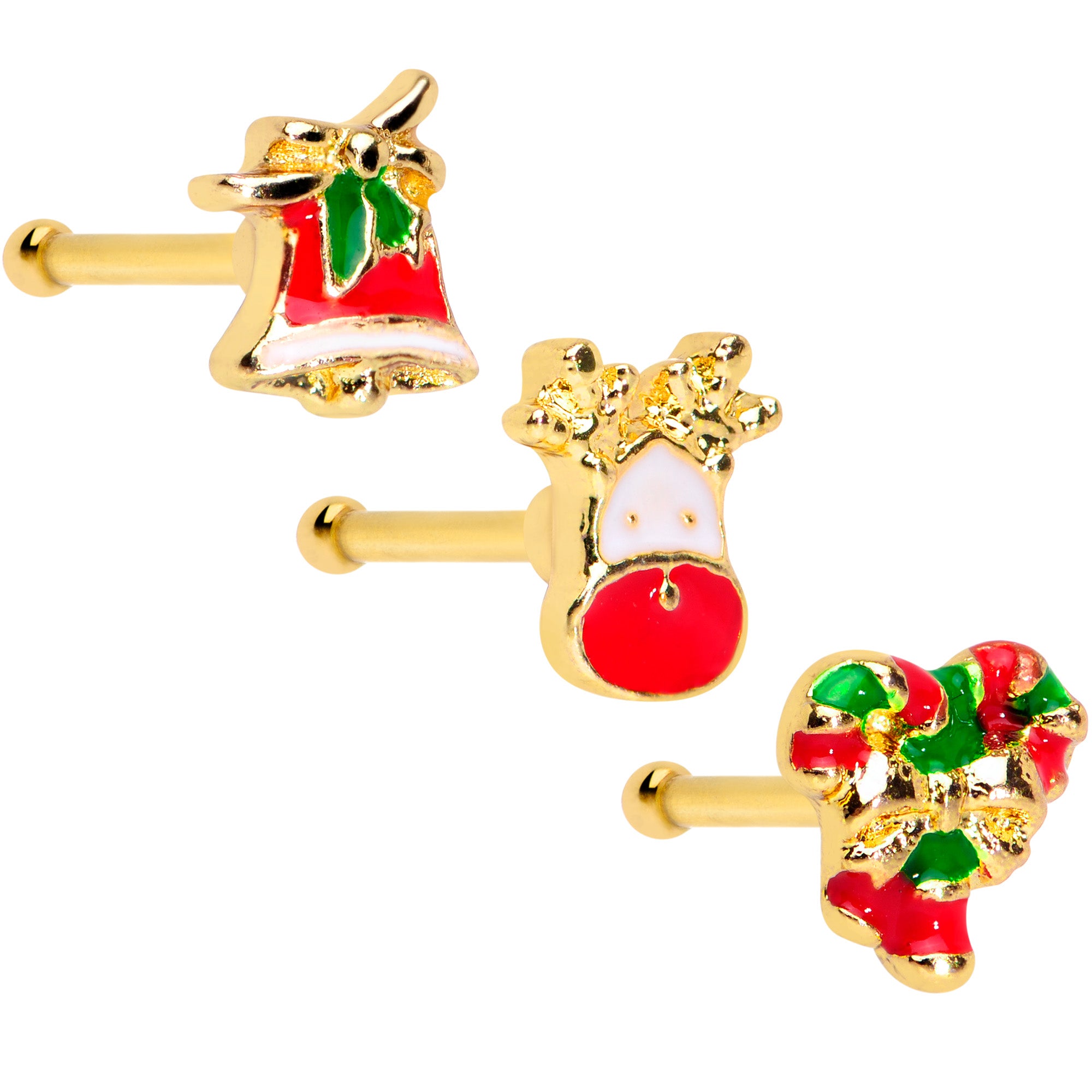 20G 1/4 Gold Tone Candy Cane Bell Christmas Nose Bone Set of 3