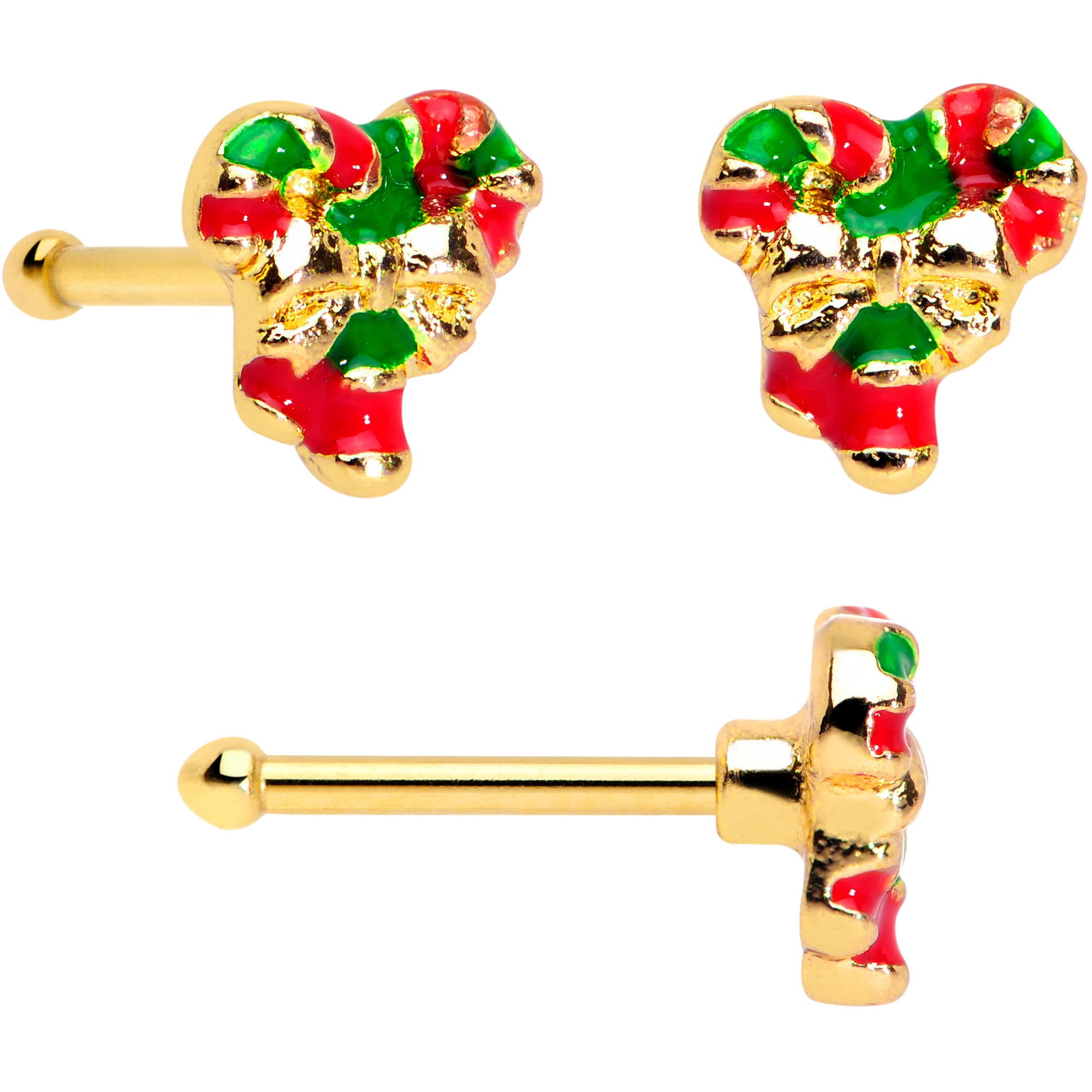 20G 1/4 Gold Tone Candy Cane Bell Christmas Nose Bone Set of 3