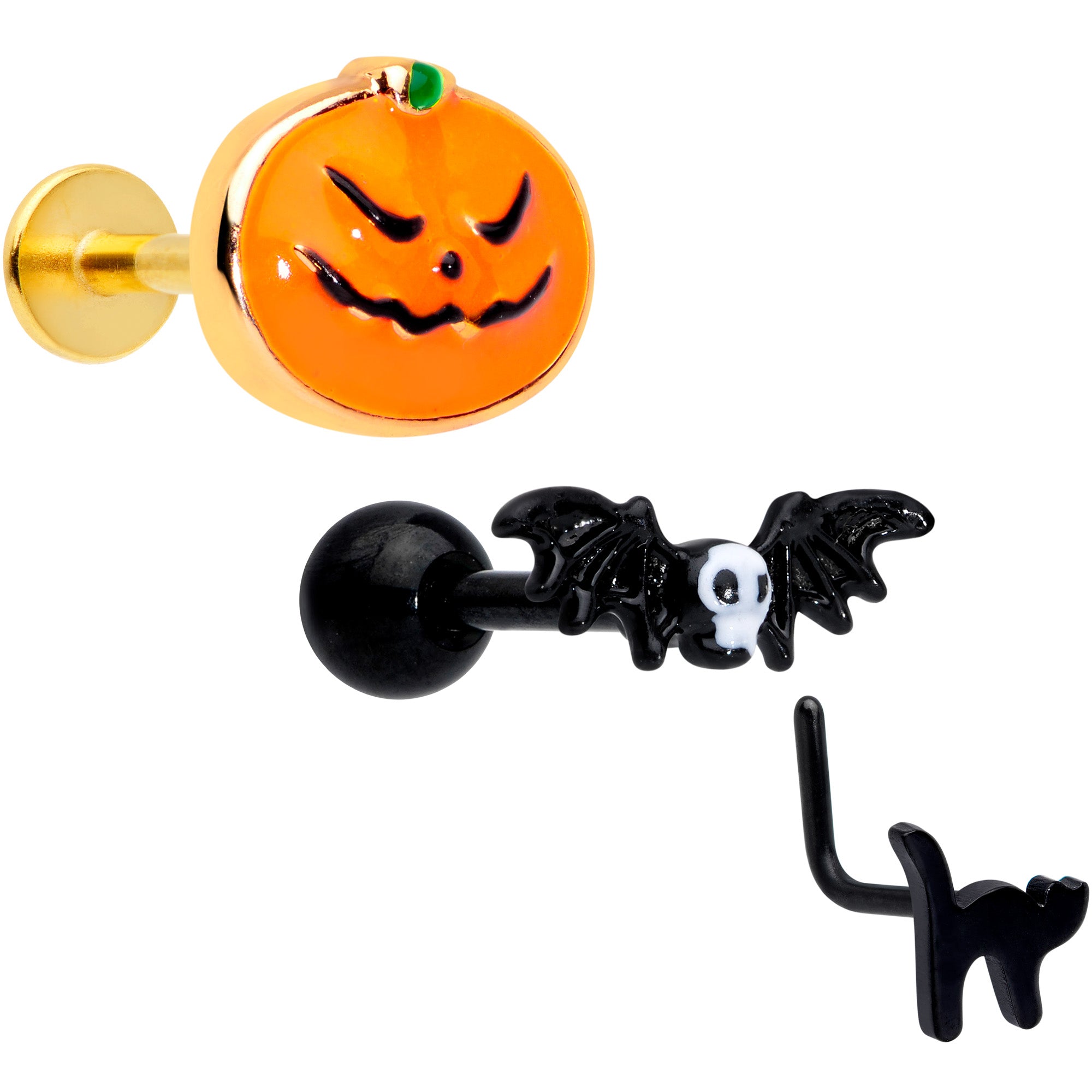 16G 20G Bat Pumpkin Halloween Cartilage Labret Nose Set of 3