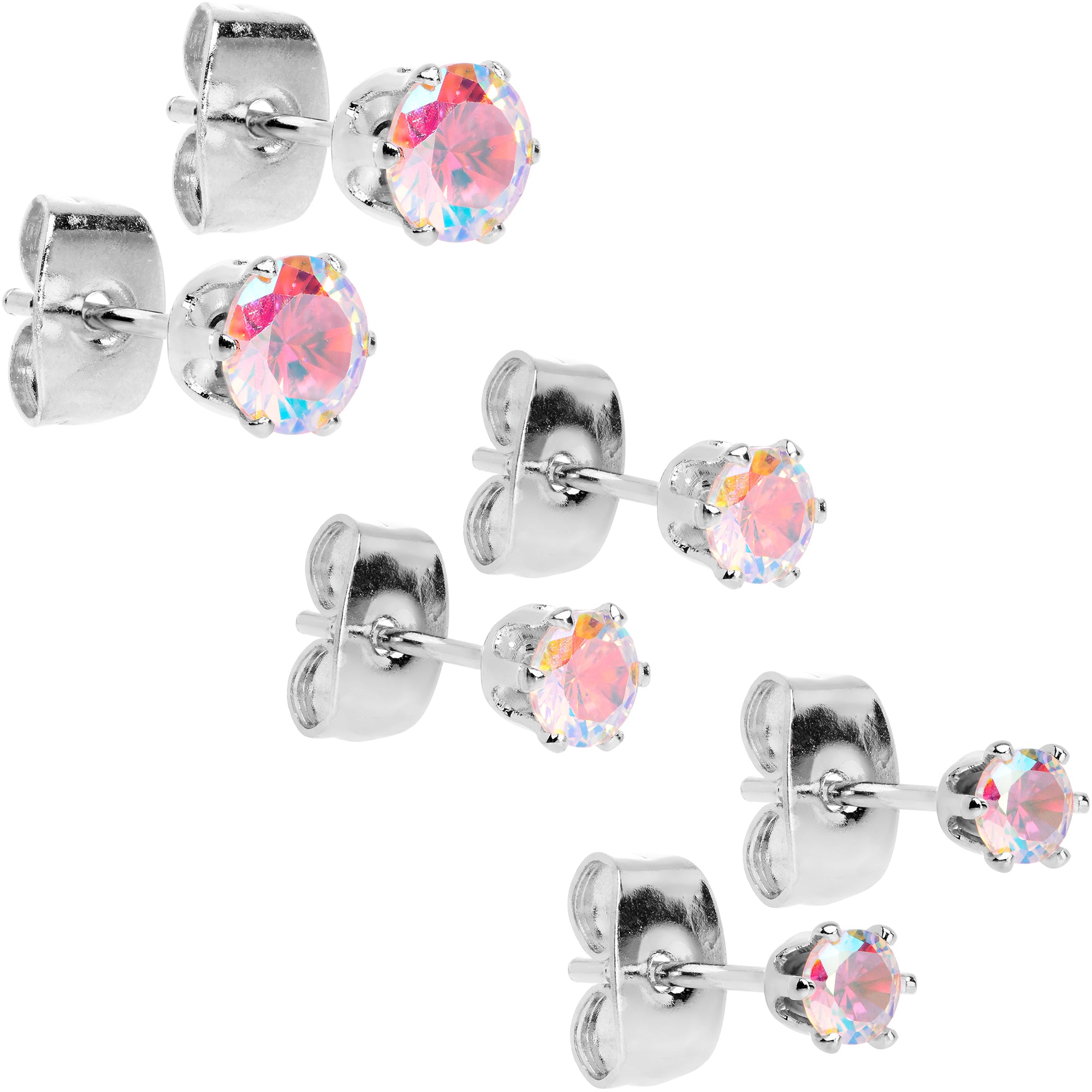 20G Aurora CZ Gem 3mm to 5mm Post Stud Earring Set of 3