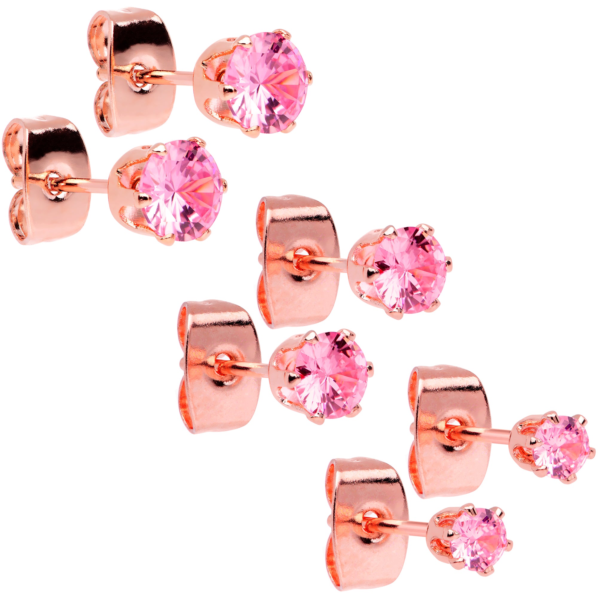 20G Pink CZ Gem Rose Gold Tone Post Stud Earring Set of 3
