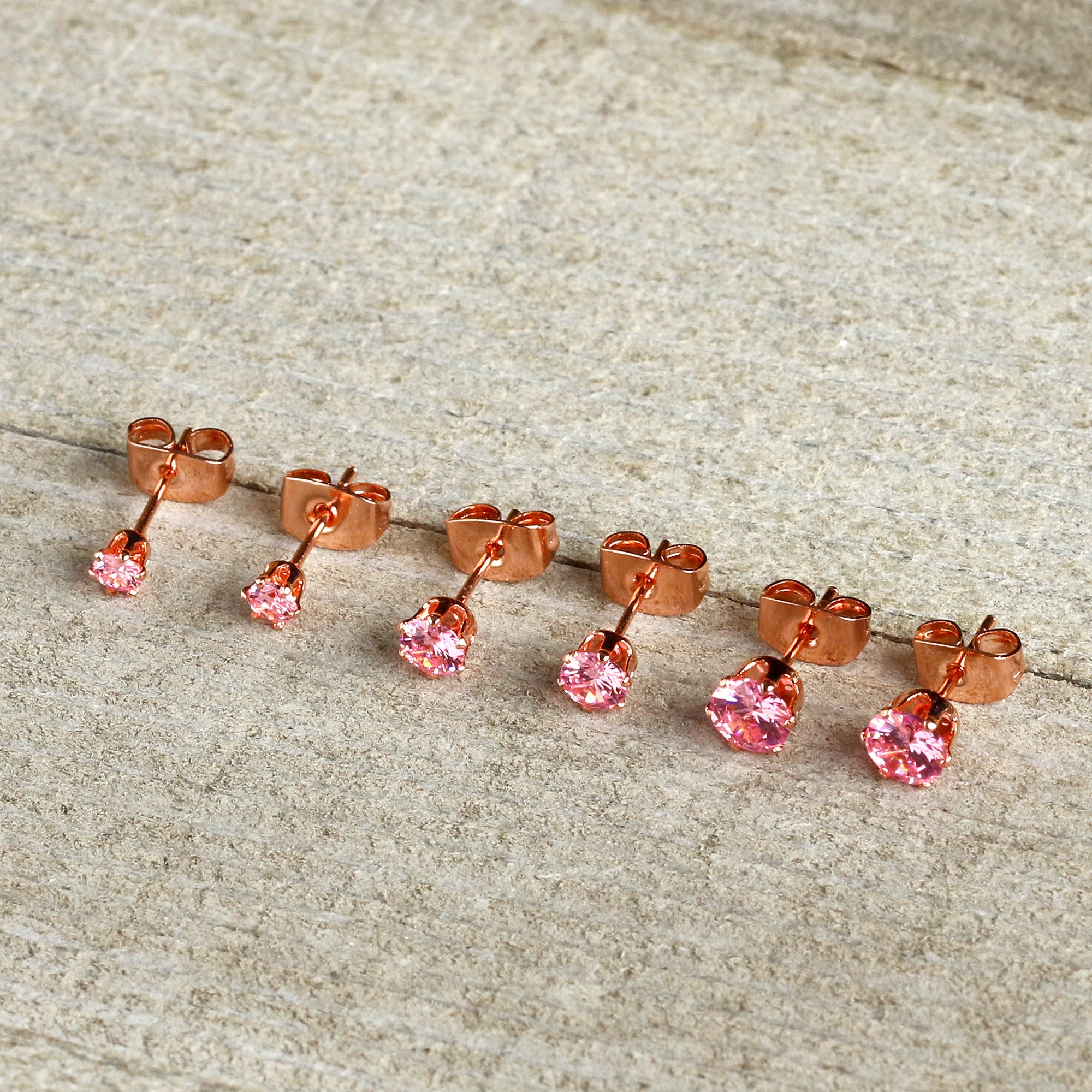 20G Pink CZ Gem Rose Gold Tone Post Stud Earring Set of 3