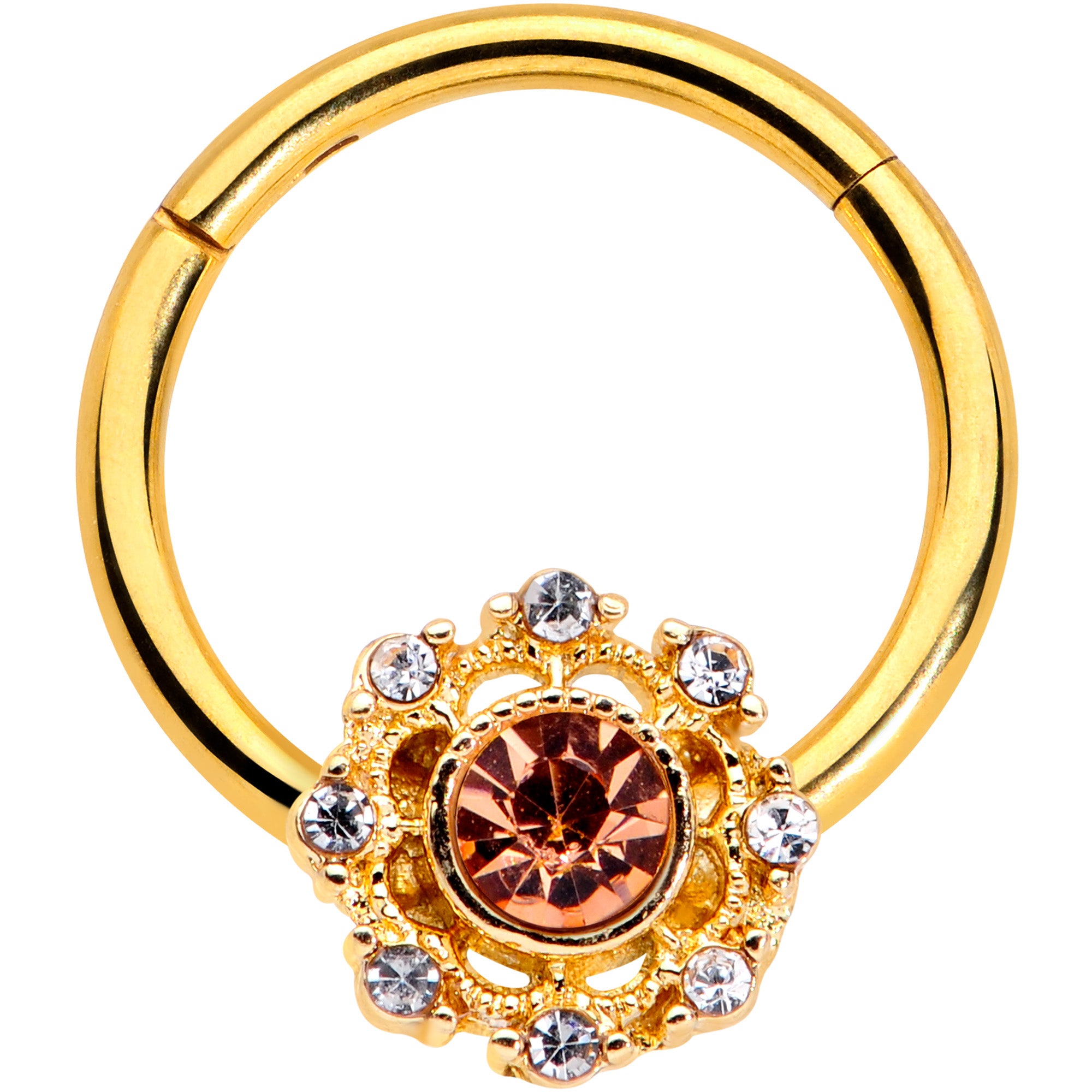 16G 3/8 Clear Pink CZ Gem Gold Tone Sunburst Hinged Segment Ring