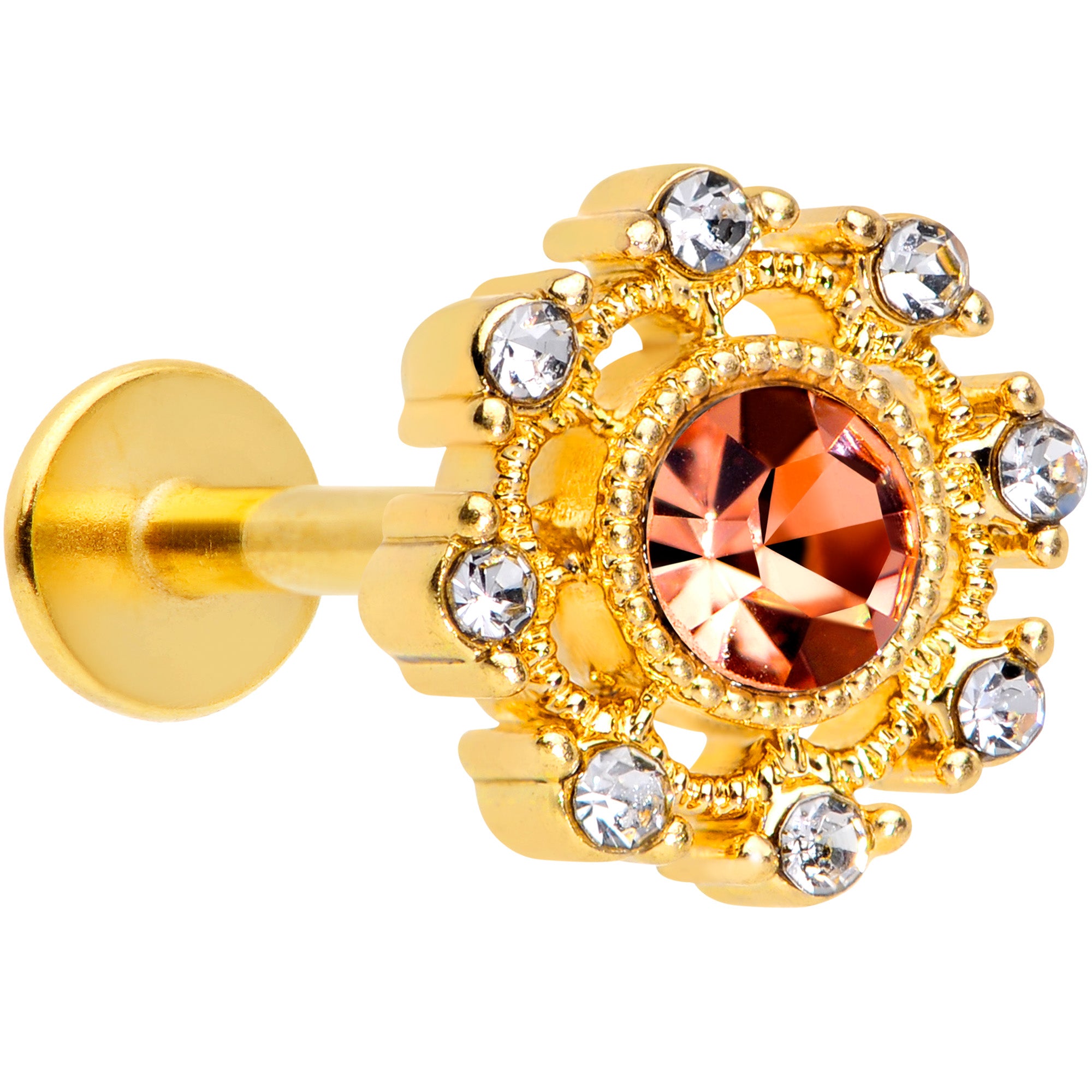 16G 5/16 Pink Clear CZ Gem Gold Hue Sunburst Labret Monroe Tragus