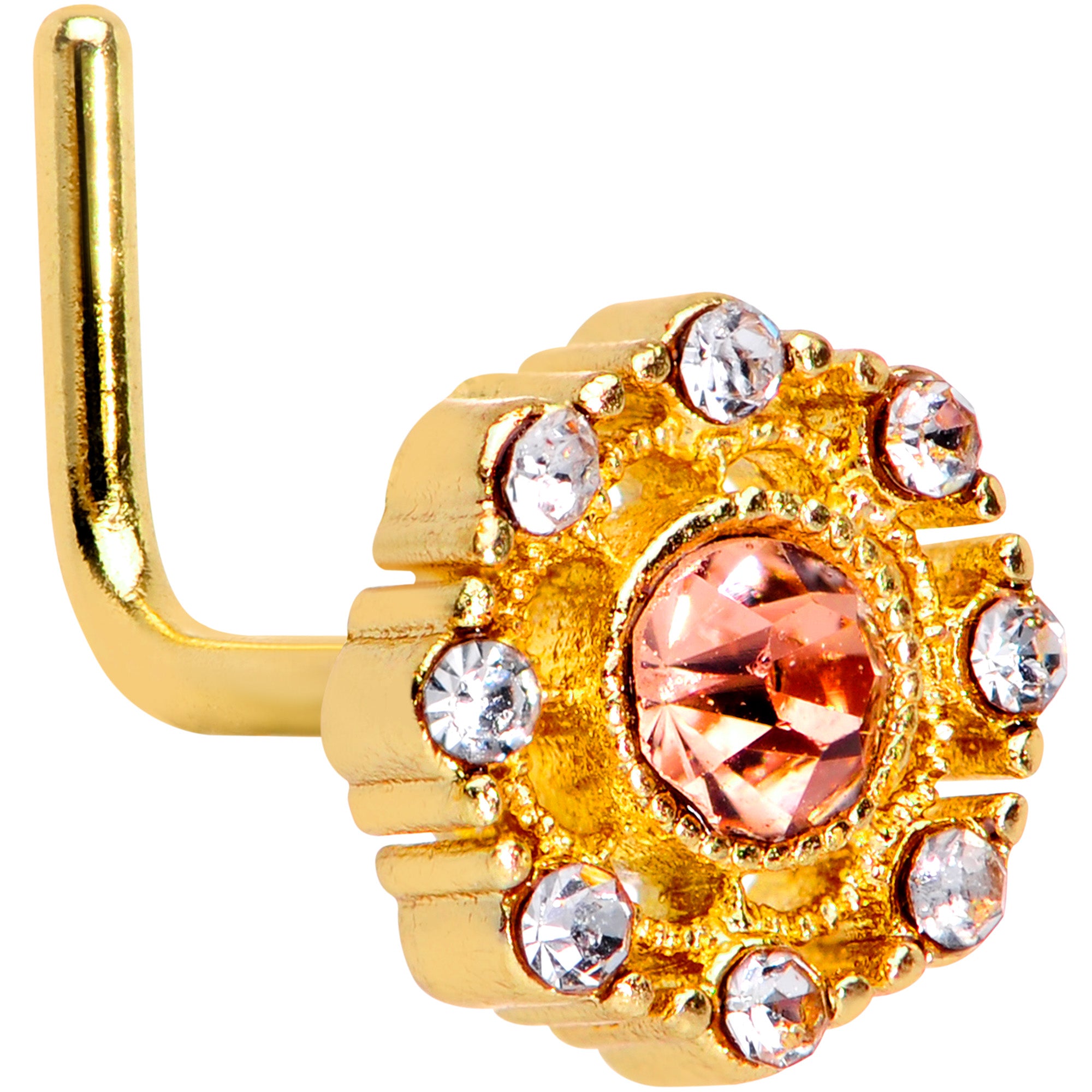 20G 1/4 Pink Clear CZ Gem Gold Tone Sunburst L Shape Nose Ring
