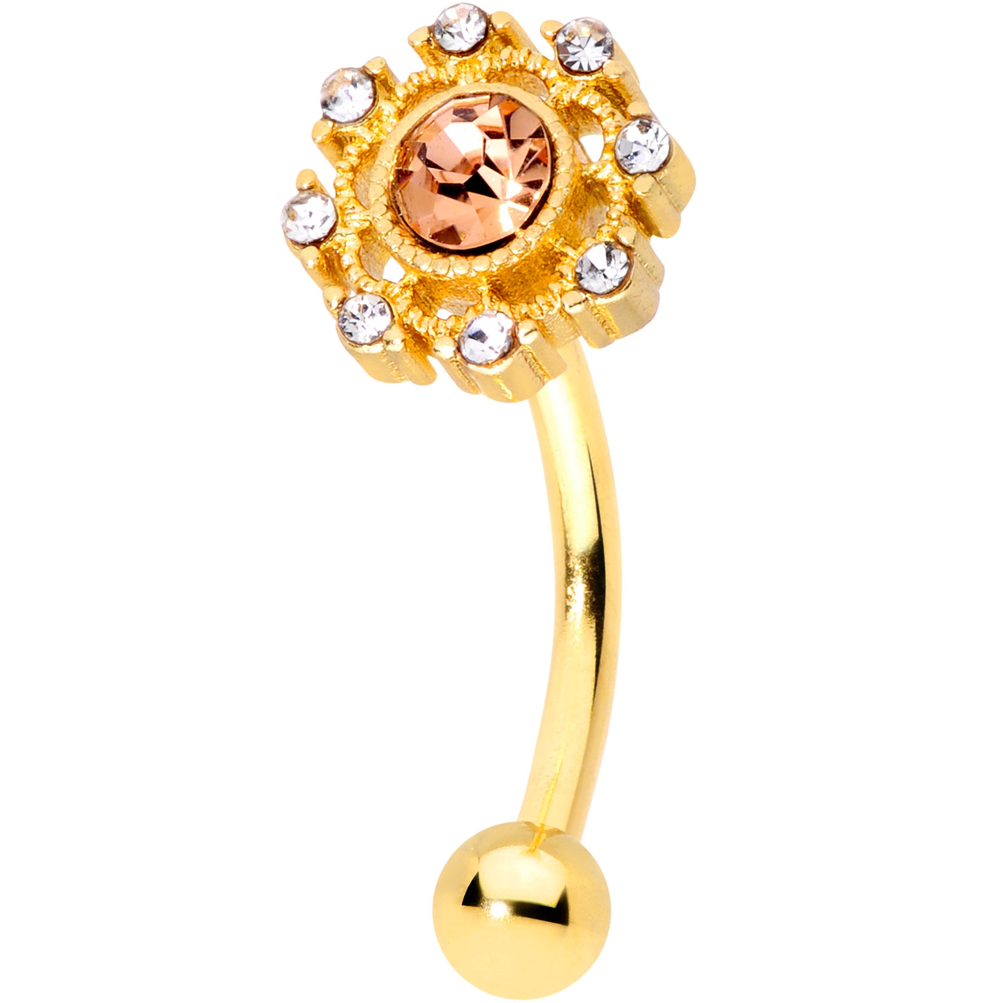 16G 5/16 Pink Clear CZ Gem Gold Tone Sunburst Curved Eyebrow Ring