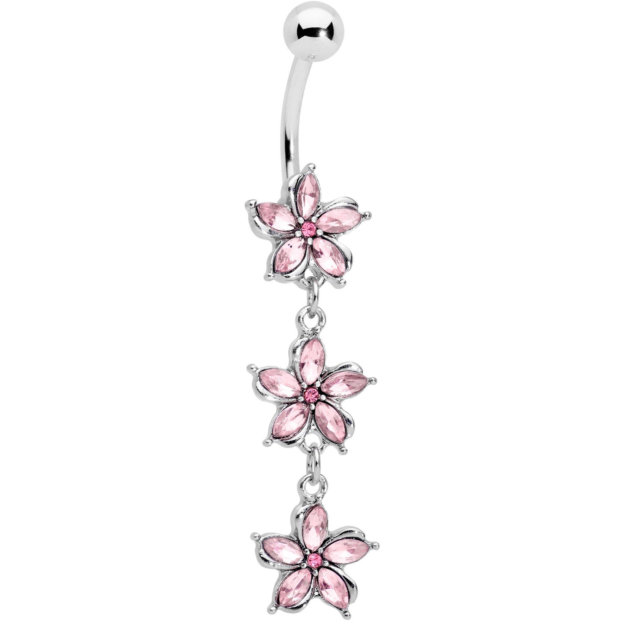 Pink Gem Flower Trio Dangle Belly Ring
