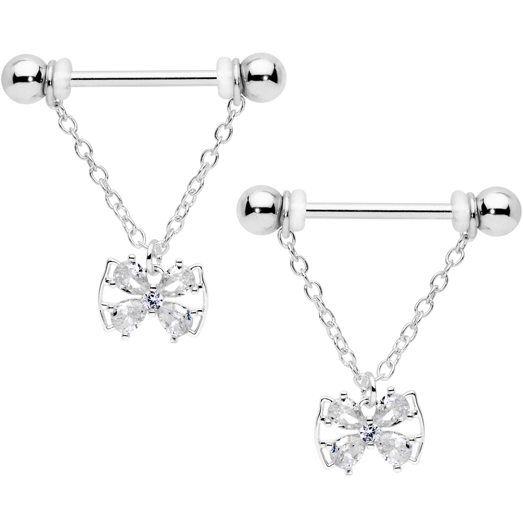 14G 11/16 Clear CZ Gem Beauty Bow Chain Dangle Nipple Ring Set
